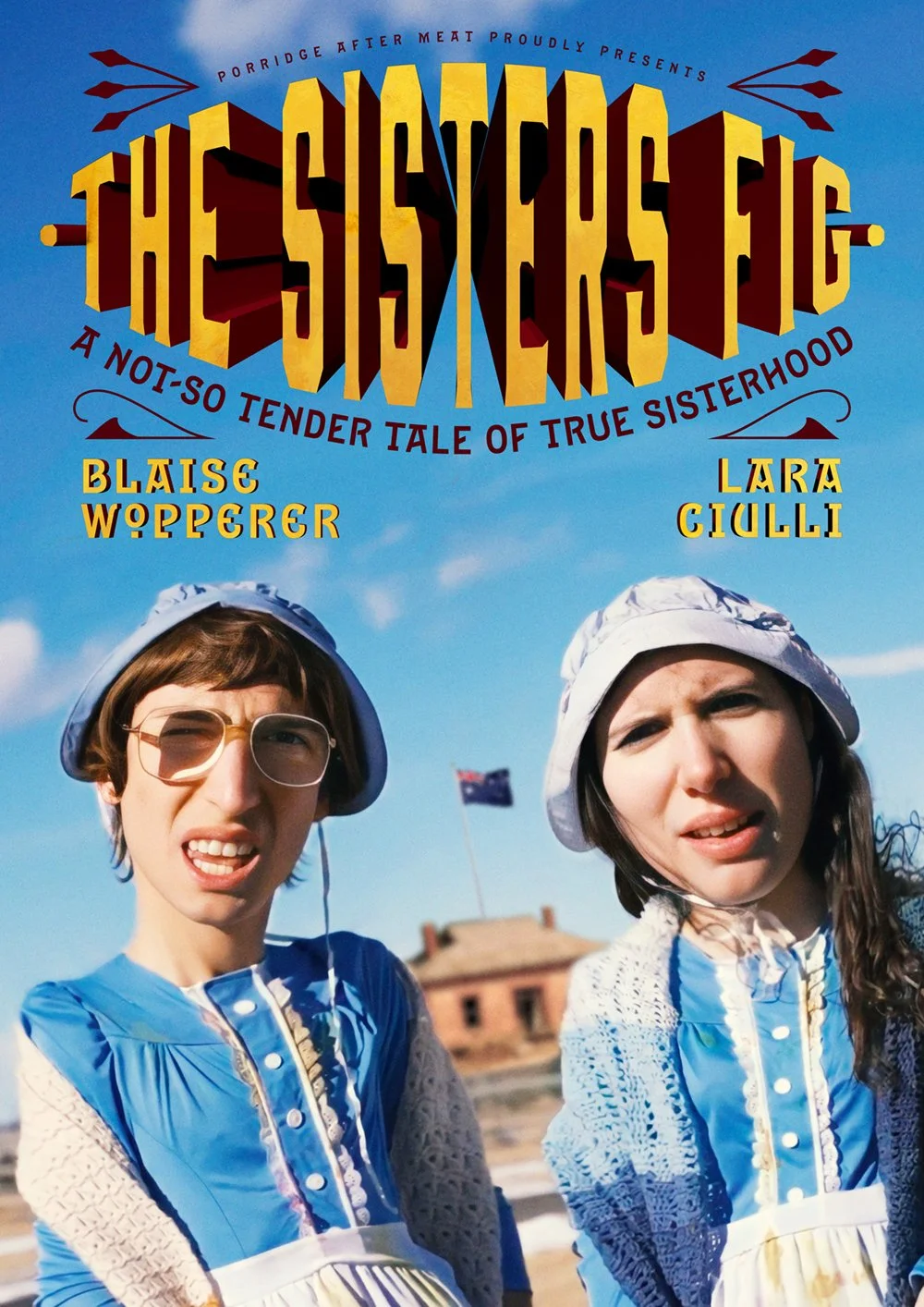 Cover of the book 'The Sisters Fug,' featuring two women dressed in period costumes with surprised or confused expressions, set against a blue sky background with a building and flag in the distance.