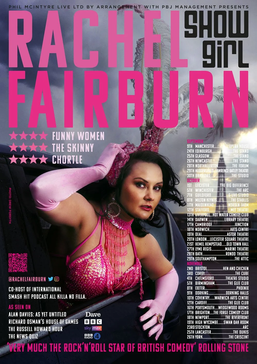 Poster for Rachel Fairburn's comedy show with tour dates in Manchester, Edinburgh, Glasgow, Newcastle, Northumberland, Bradford, Leicester, Winchester, Guildford, Milton Keynes, Maidenhead, Stafford, Liverpool, Darwen, Cambridge, Norwich, Deal, Londo