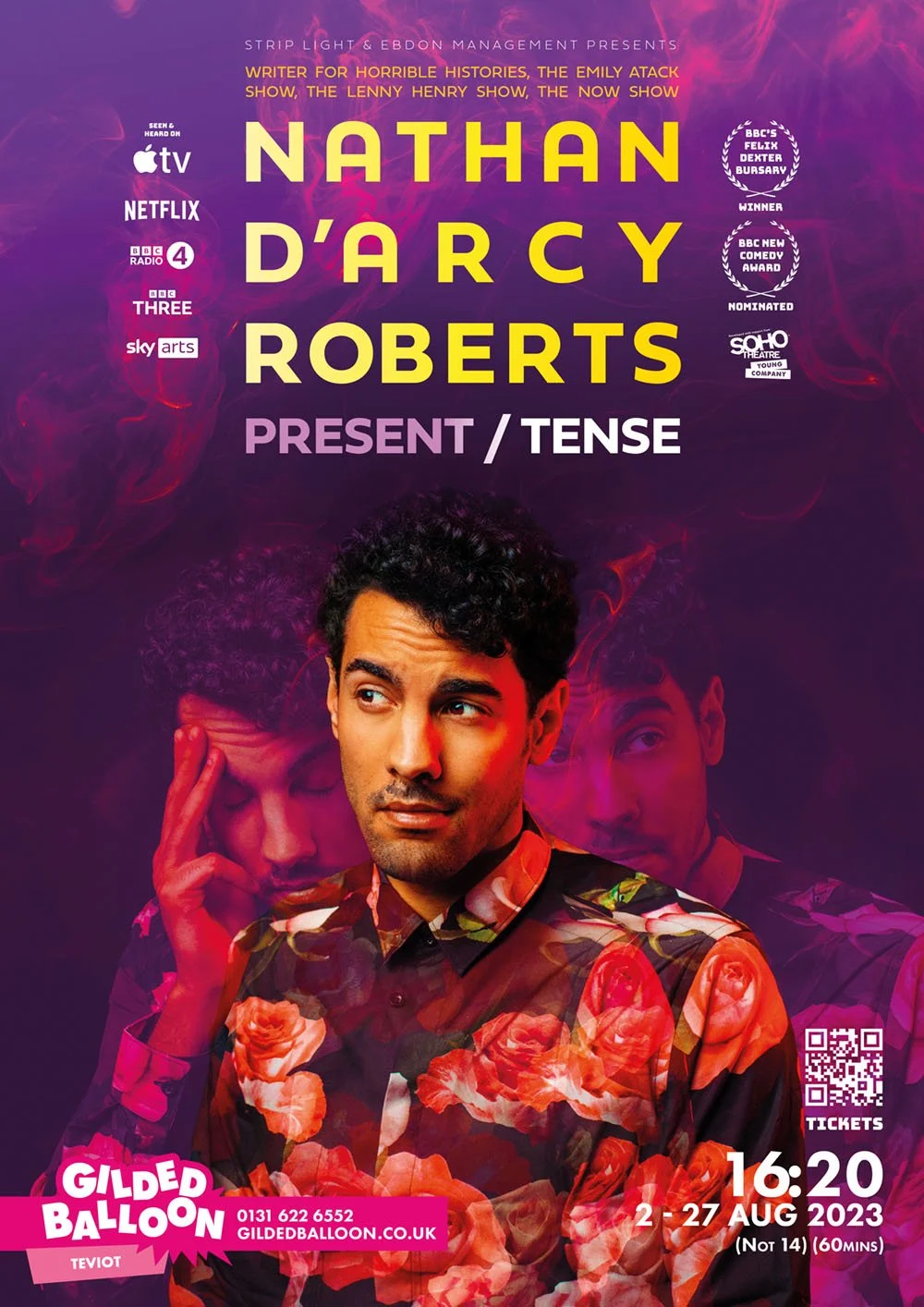 Event poster for Nathan D'Arcy Roberts presenting 'Tense' at the Gilded Balloon Teviot, featuring a photo of a man with dark curly hair wearing a floral shirt, with a purple background and multiple awards logos.