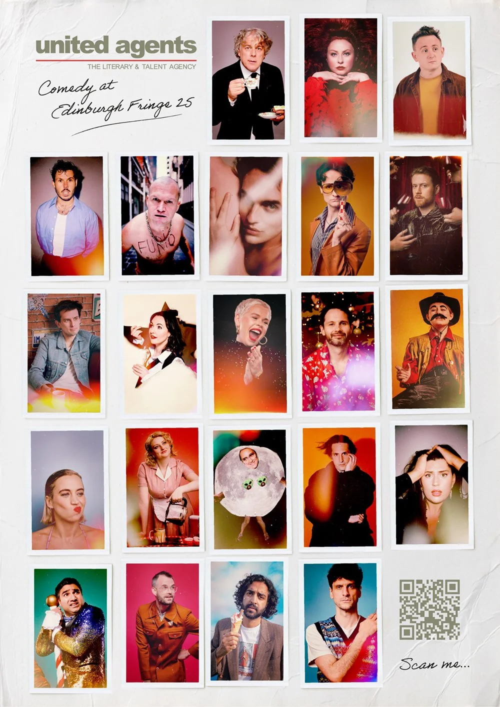 Collage of headshots of diverse performers promoting United Agents, a literary and talent agency, with handwritten text about comedy at Edinburgh Fringe 25 and a QR code in the bottom right corner.