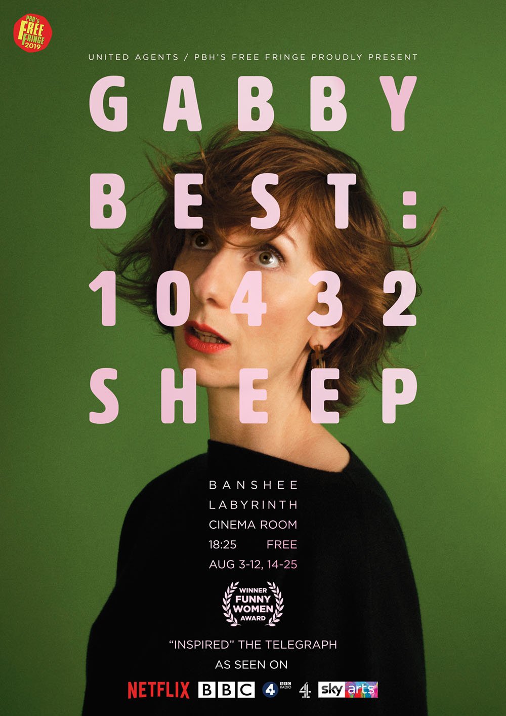 Poster for the film 'Gabby Best: 10432 Sheep,' featuring a woman with short red hair against a green background. The text includes event details and mentions awards and streaming platforms.