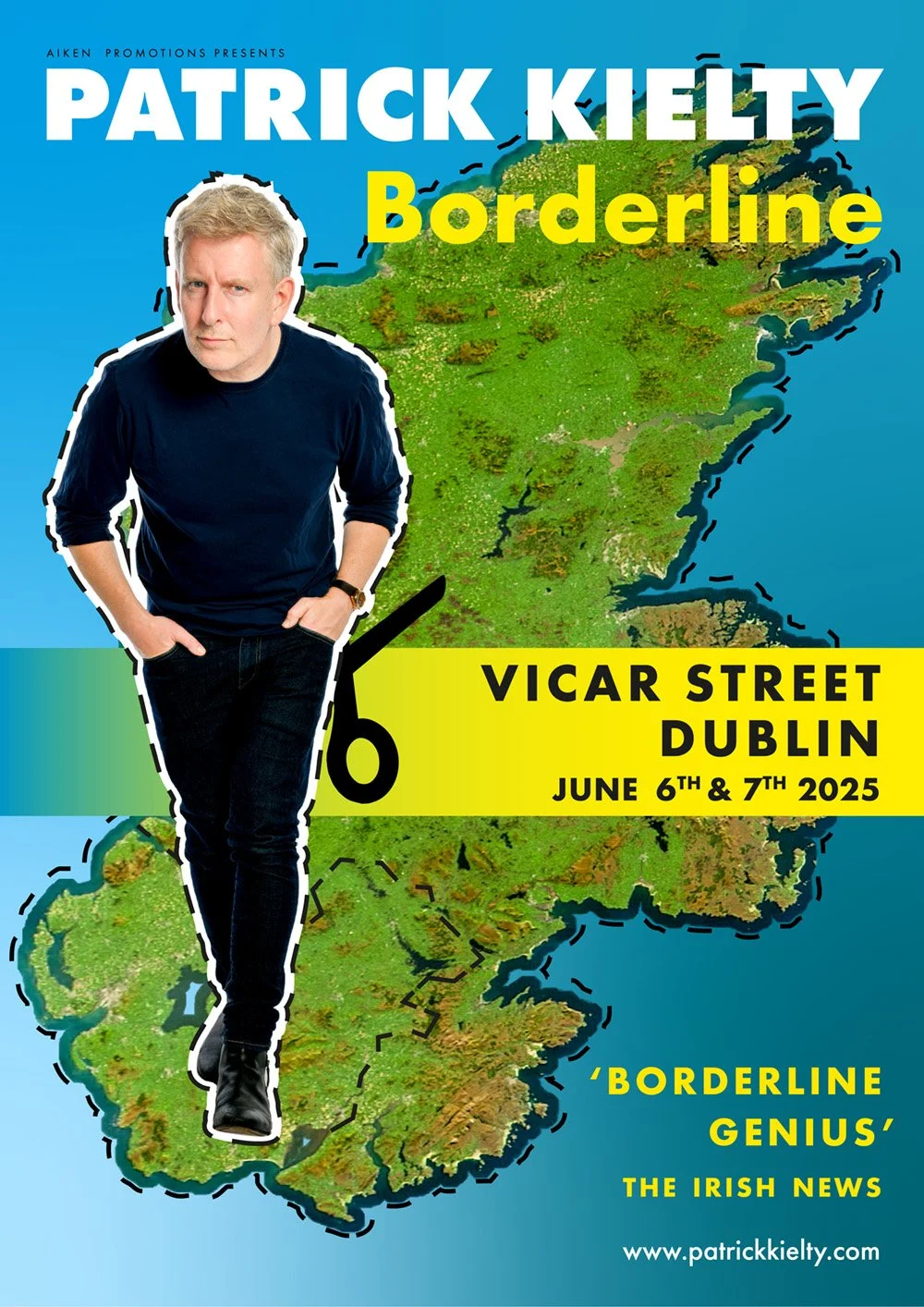 Promotional poster for Patrick Kielty's Borderline event featuring a photo of Patrick Kielty, a map of Ireland, and details about the event in Dublin on June 6 and 7, 2025.