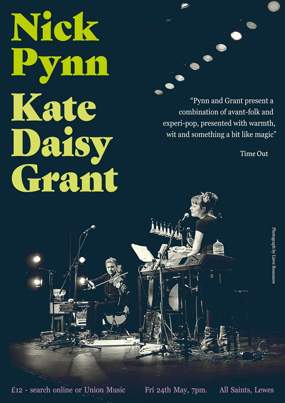 Poster for a concert featuring Nick Pynn, Kate Daisy Grant, and others, showing a woman playing keyboard and singing with a man playing violin, set against a dark background with stage lights.