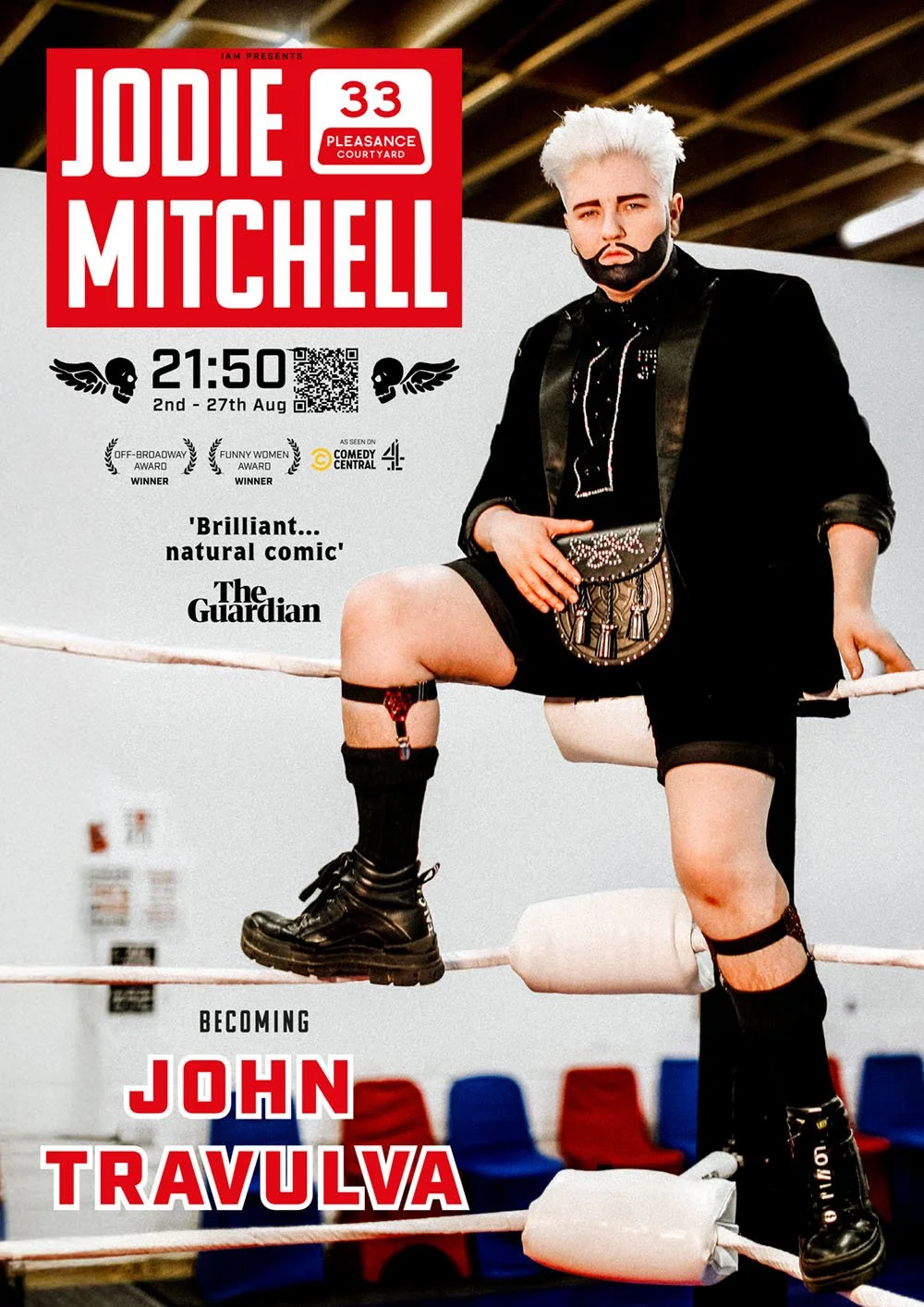 Poster for comedian Jodie Mitchell's stand-up show at Pleasance Courtyard, featuring a person with dyed white hair and a beard, dressed in black leather jacket, shorts, and combat boots, sitting on the ropes of a wrestling ring.