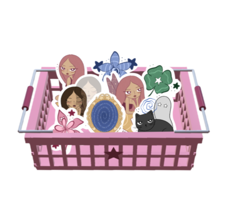 Pink shopping basket filled with mystical-themed stickers, including women’s faces, a blue butterfly, green clover, crystal ball, flowers, and a black cat