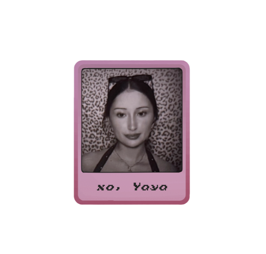 Vintage pink-framed portrait card labeled “No. Yaya,” featuring a woman against a leopard-print background.