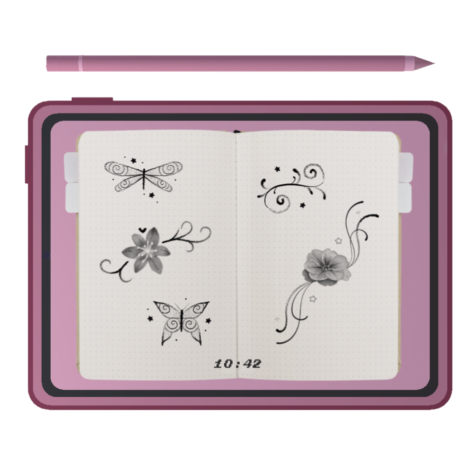 Open sketchbook on a pink tablet displaying hand-drawn butterflies, flowers, swirling vines, stars, and the time 10:42