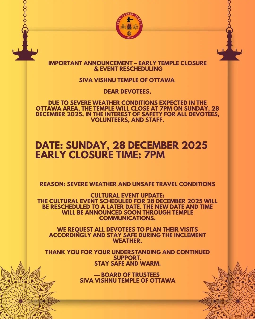 Dec 28: Early Temple Closure and Event Rescheduling