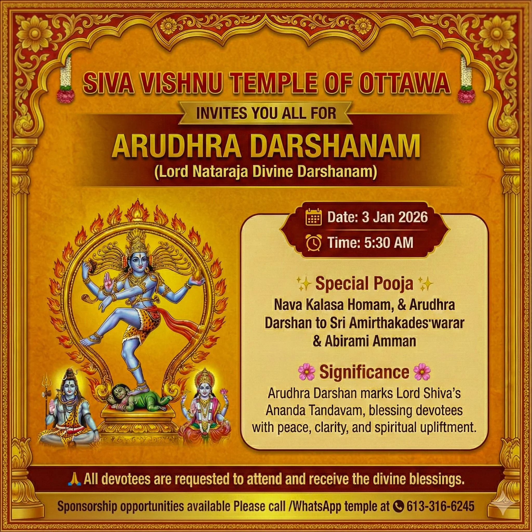 The Cosmic Dance of Grace: Celebrating Arudra Darshanam at SVT Ottawa
