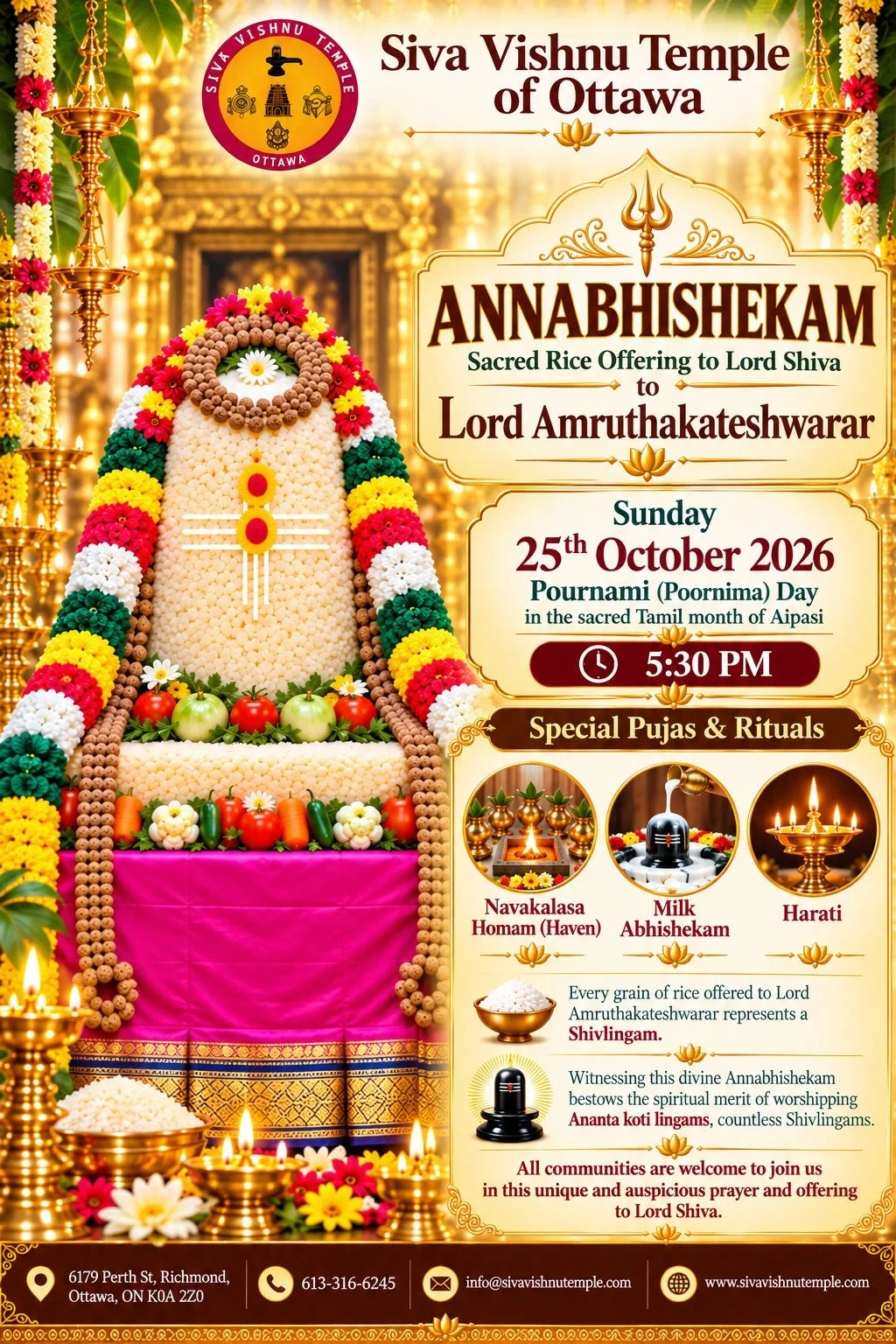 Annaabhishegam 2026 poster: rice-adorned Siva Lingam with garlands, Siva Vishnu Temple of Ottawa, October 25, 2026