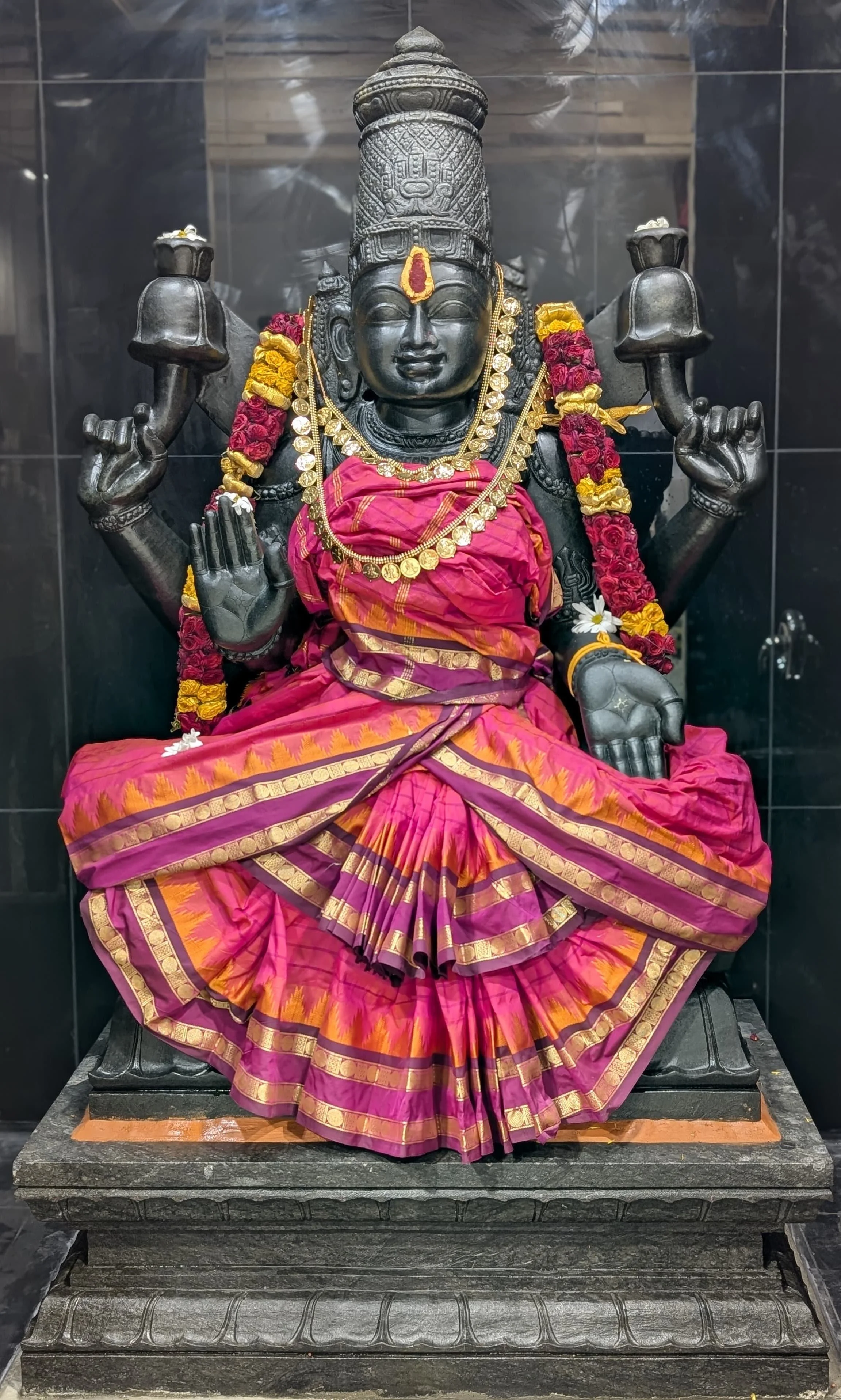 A black stone statue of a Hindu deity adorned with gold jewelry and a colorful pink and gold saree, sitting on a pedestal.