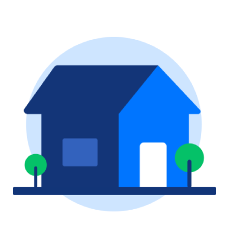 Simple illustration of a blue house with a white door, surrounded by two small green trees on each side.