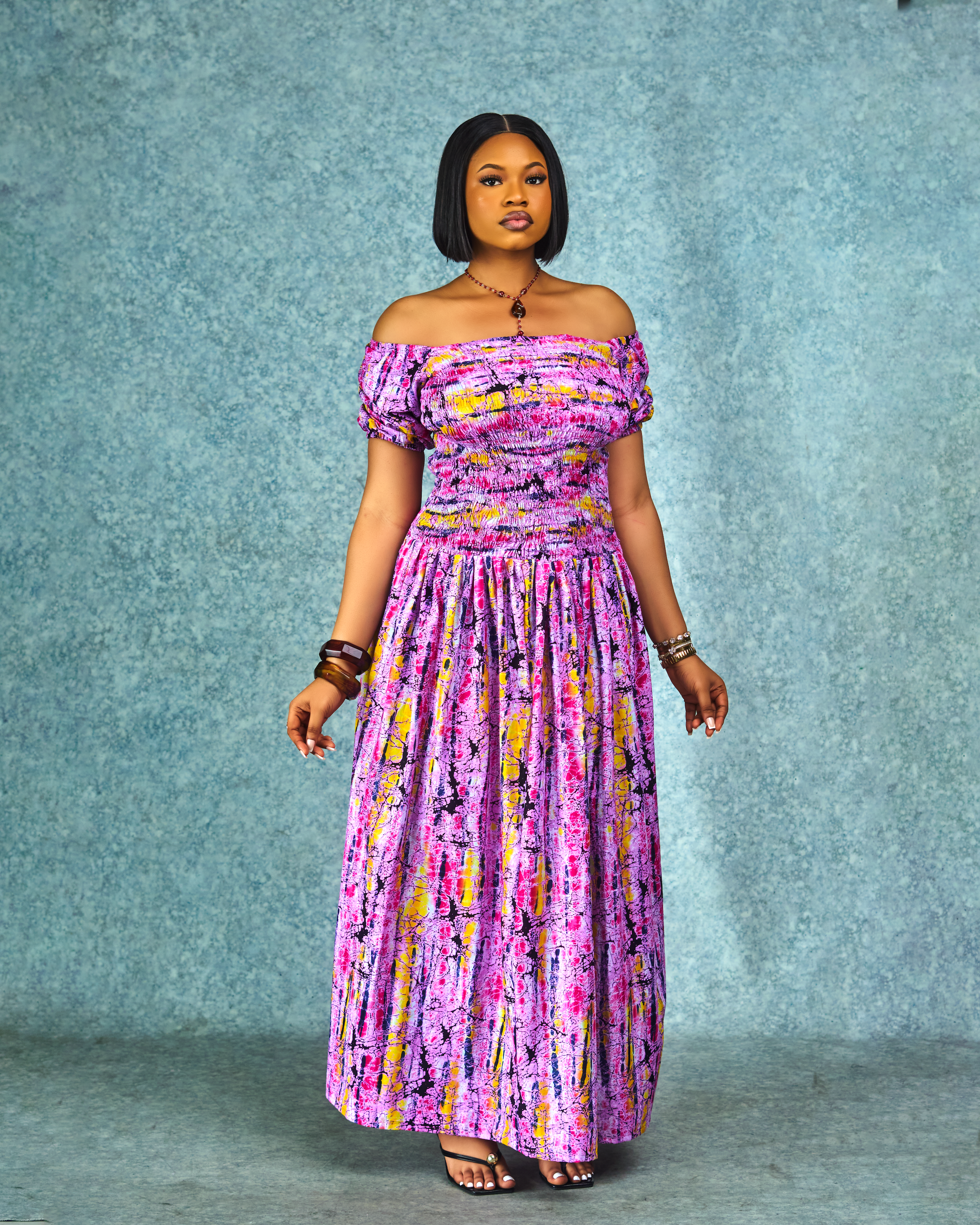 Smocked Adire Maxi Dress - Purple