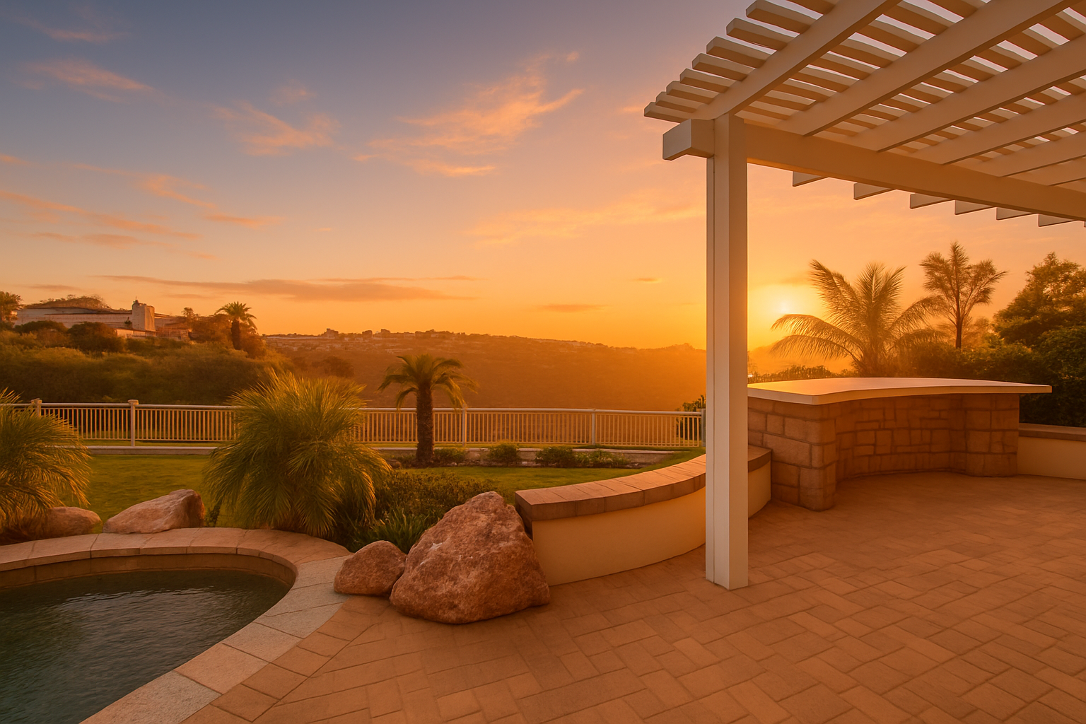 Sunset view from a patio with a pergola, palm trees, rocks, and a railing overlooking a hillside.