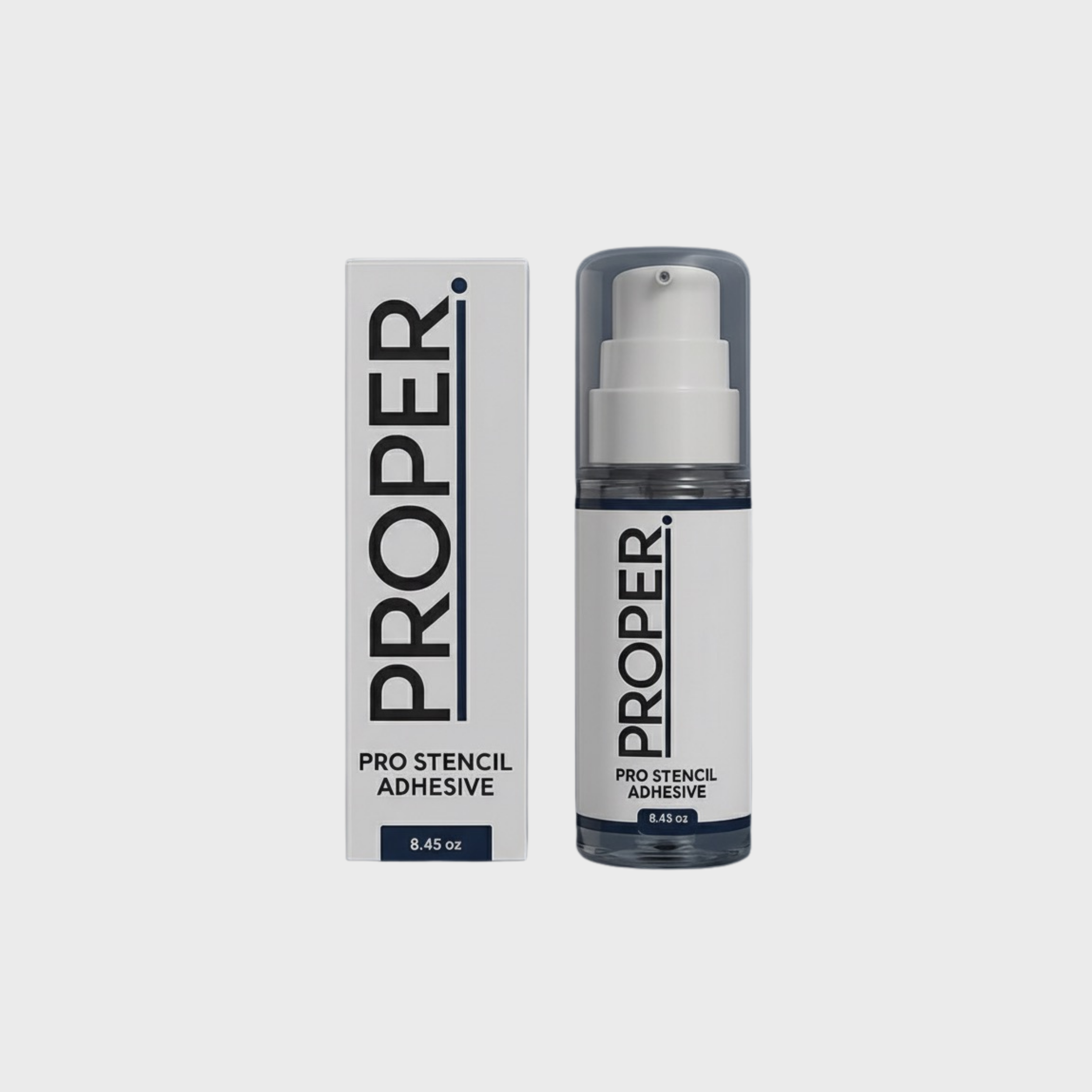 A bottle of ProPer Pro Stencil Adhesive next to its packaging box, both labeled with product information.