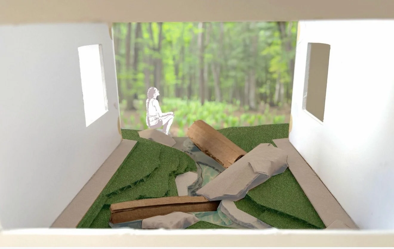 In development: a sculptural courtyard commission designed as a living stream.

Set within a three-sided enclosure, the proposal gathers rainwater runoff and guides it through a quiet, meandering channel of stone, moss, and shade-tolerant native plan