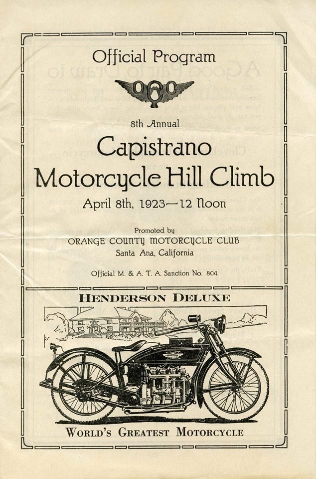 Capistrano Eagles Heritage Capistrano Hill Climb April 8 1923 Hand Bill with Henderson Deluxe Advertisement