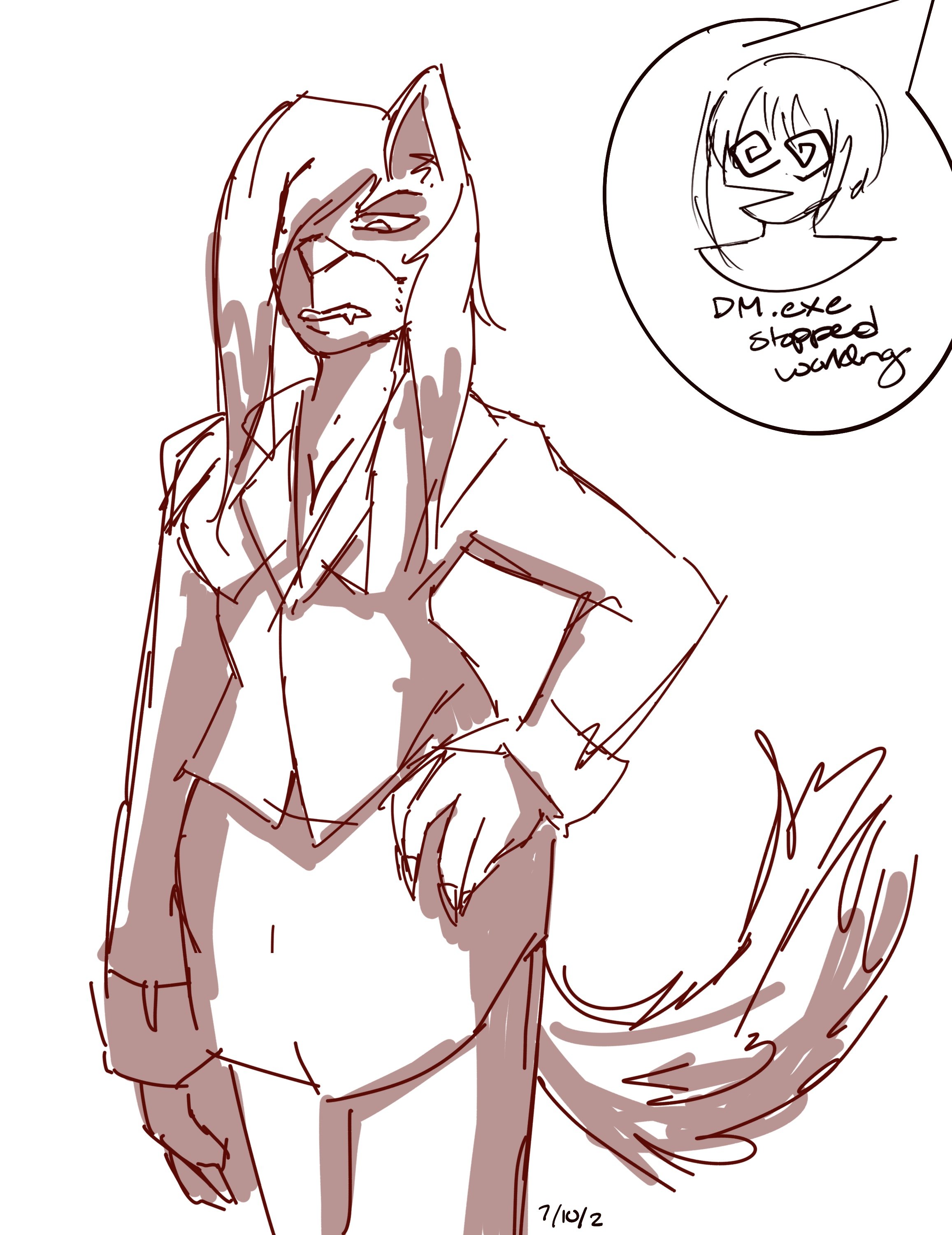A sketch of a person with long hair, dressed in a jacket and pants, sitting with one arm resting on their knee. To the right, there is a speech bubble with a rough drawing of a smiling face with glasses, labeled "DM.exe stopped working."