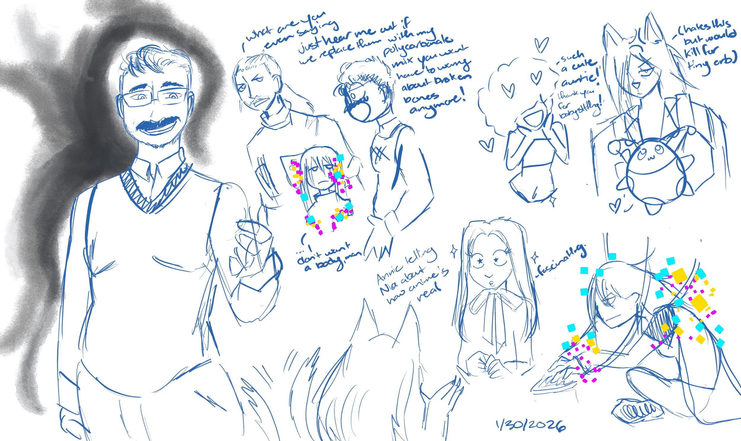 A hand-drawn sketch of multiple characters, including a man with glasses and a beard, a girl with colorful hair accessories, and another girl with cat ears, along with handwritten notes and speech bubbles expressing conversations and thoughts.