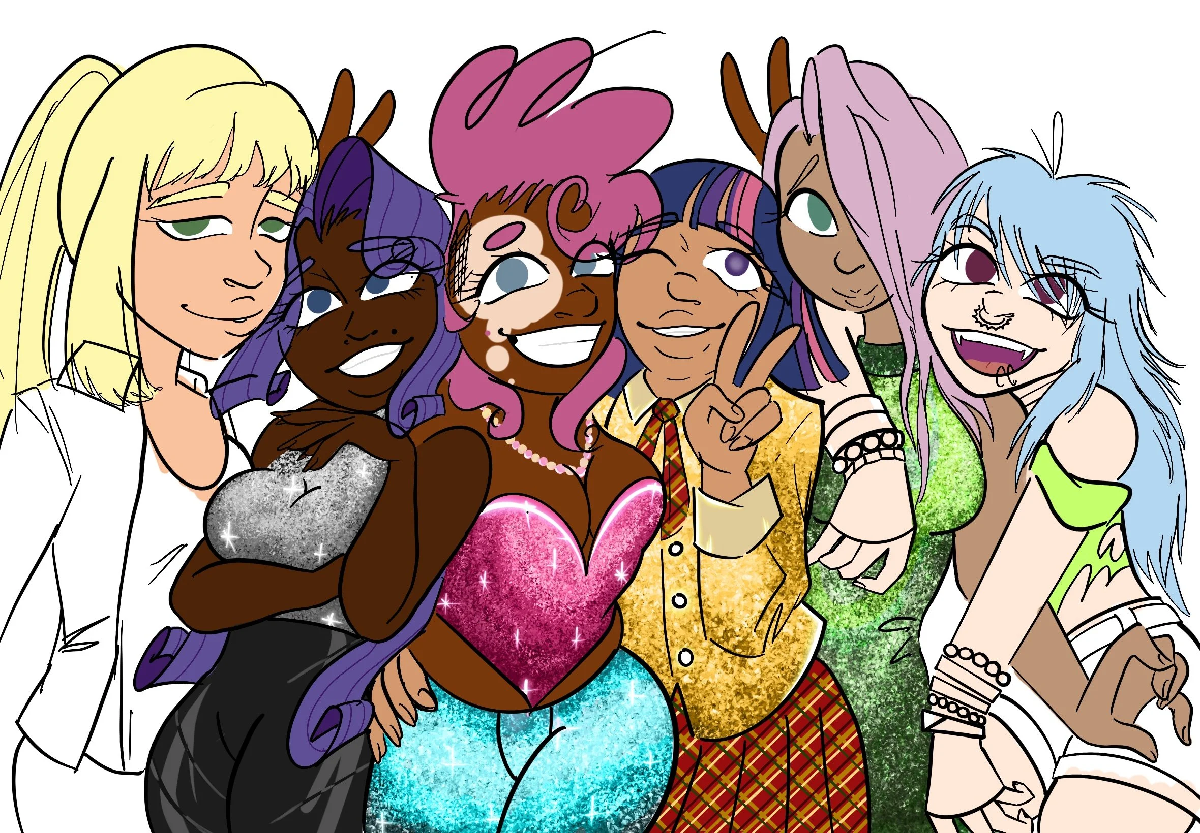 Colorful illustration of six girls with different hair colors, making cheerful poses and smiling, with some showing peace signs.