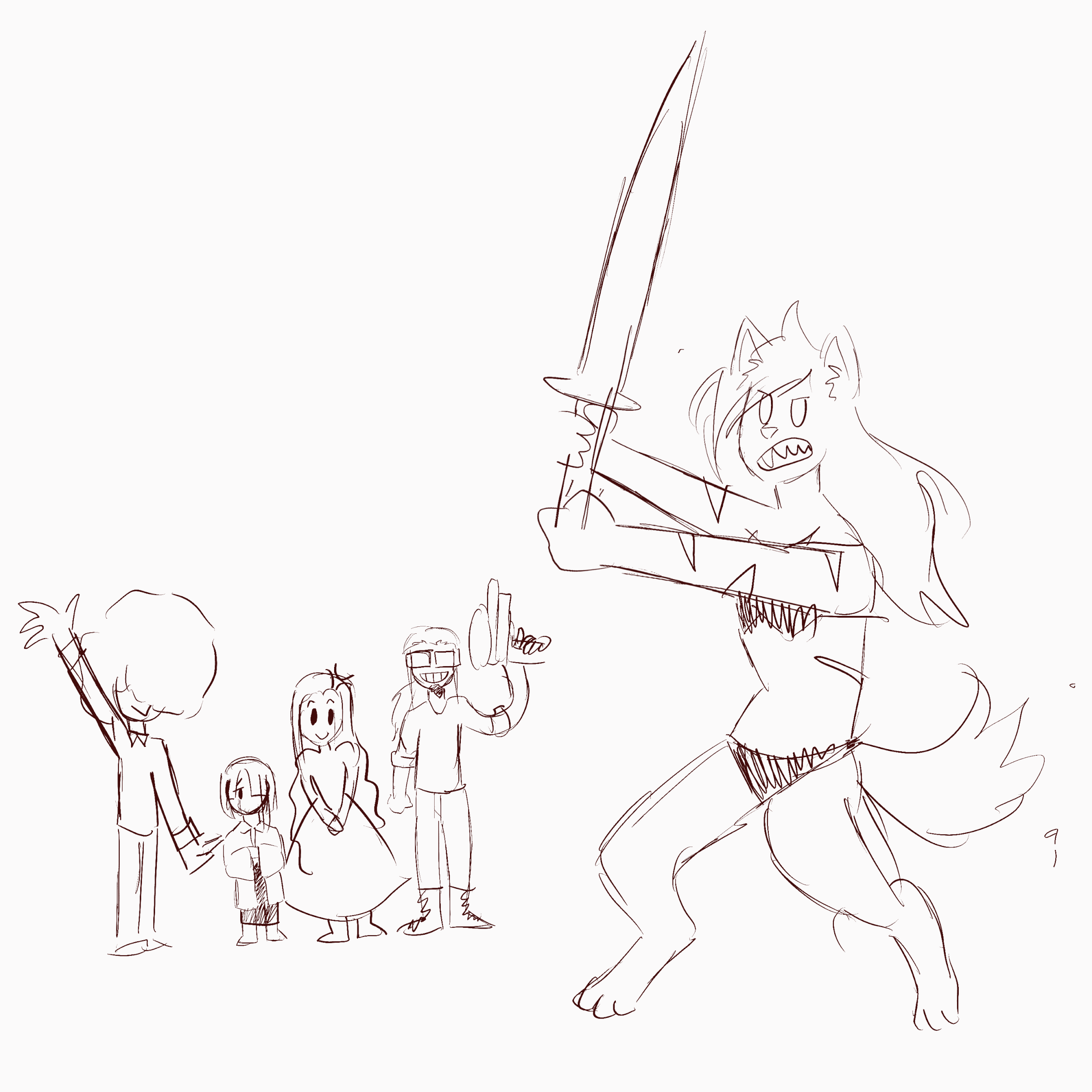 A sketch of a fantasy scene featuring a large wolf-like creature holding a sword, with several small characters below it, some with weapons and some smiling.