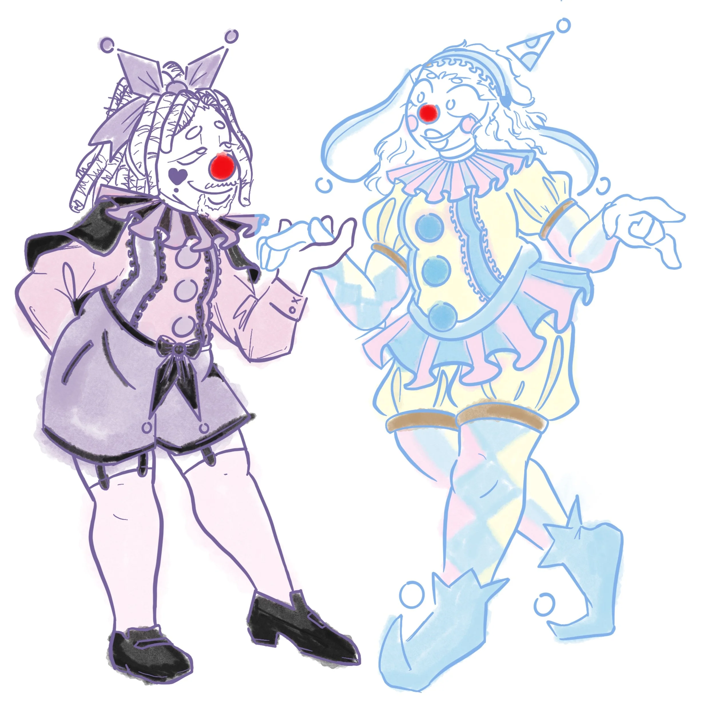 Colorful cartoon drawing of two clowns dressed in elaborate costumes with red nose makeup, engaging in conversation with one smiling and the other gesturing.