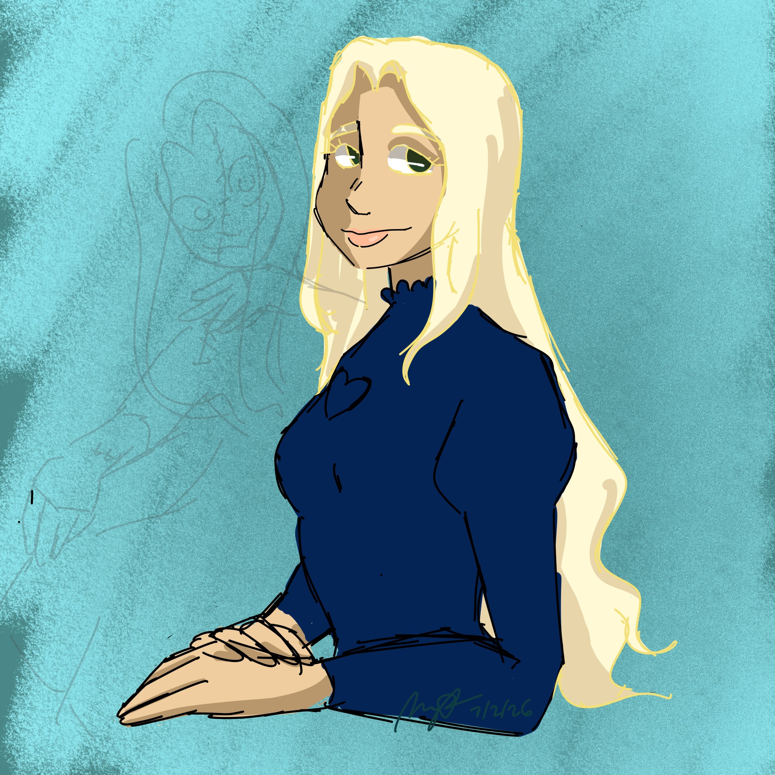 Digital illustration of a woman with long blond hair, wearing a dark top, smiling softly with her hands folded on a textured turquoise background.