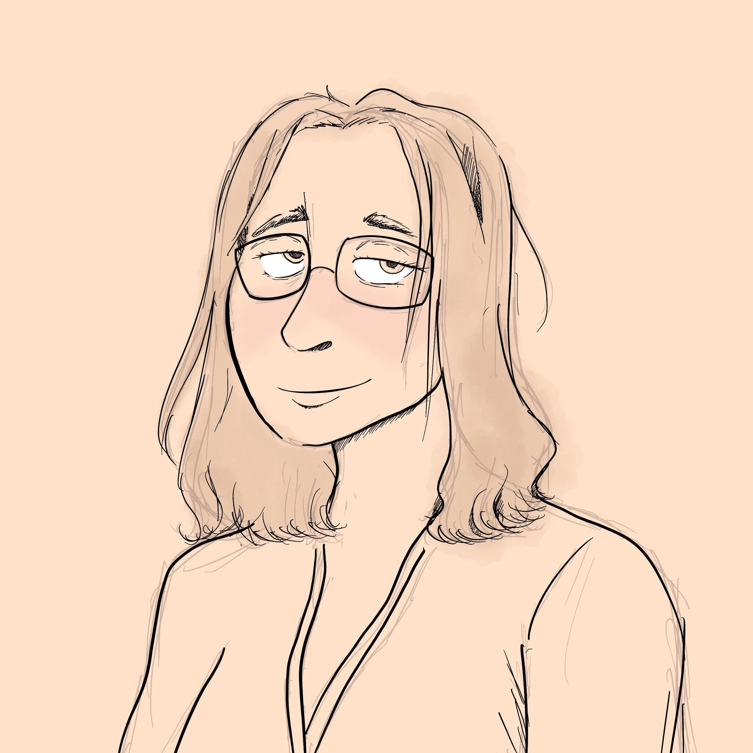 A sketch of a young woman with long hair and glasses, smiling gently with a slightly tilted head, on a peach-colored background.