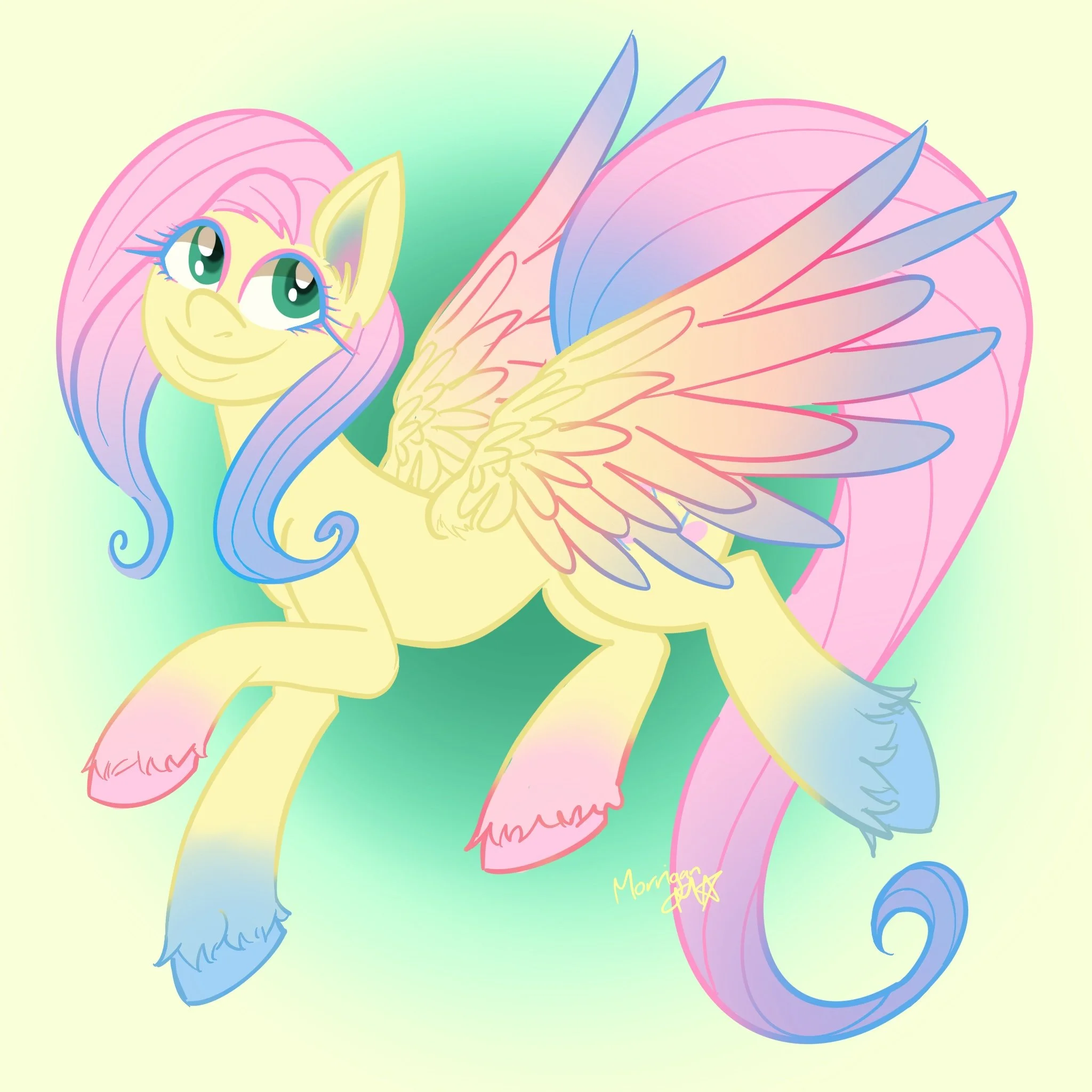 A digital illustration of a colorful, cartoon-style Pegasus pony with large eyes, pink and purple mane, and pastel rainbow tail, set against a light yellow background.
