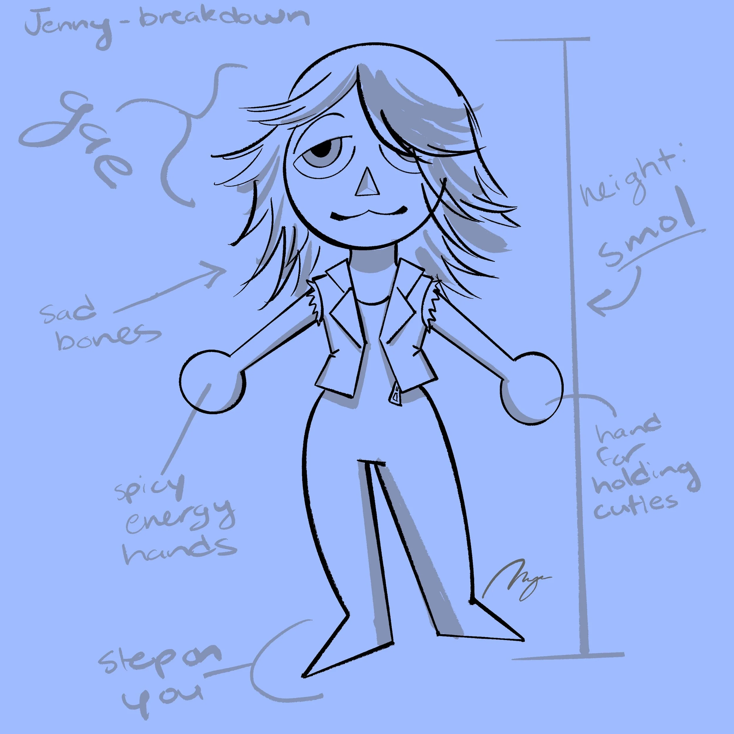 A hand-drawn cartoon character of a girl with medium-length, slightly tousled hair, wearing a jacket and a bow tie, with expressive eyes. The background includes handwritten notes and arrows pointing to different parts of the drawing, with words like