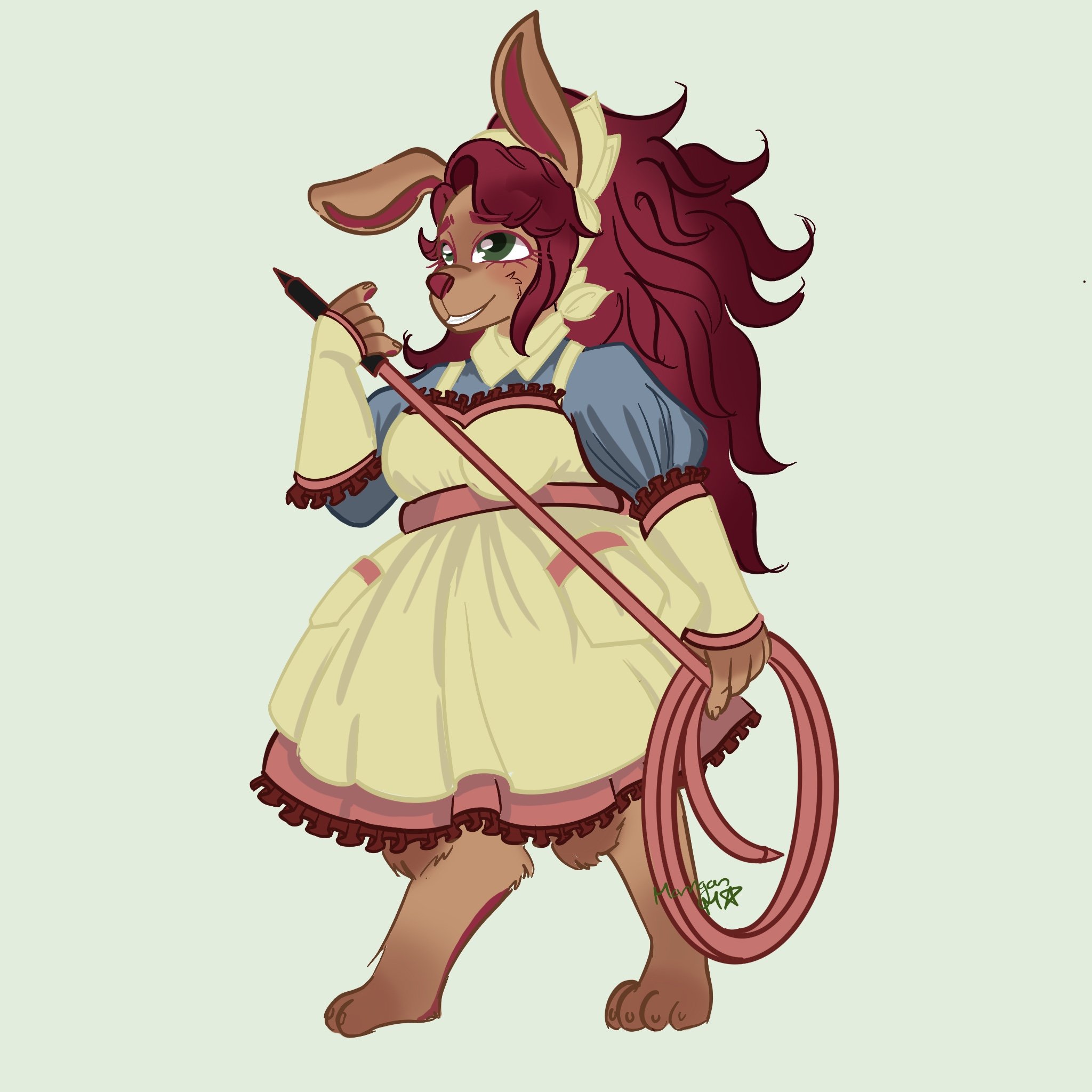 A cartoon anthropomorphic lion character with long maroon hair, green eyes, and brown fur, wearing a medieval-style dress with ruffles and holding a sword, standing against a plain light background.