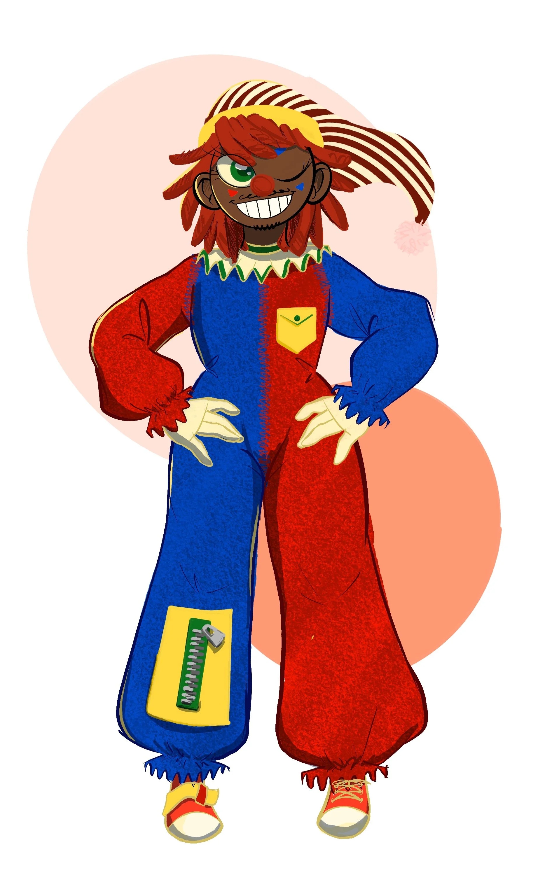 A cartoon clown with red hair, a red nose, and green and blue face paint, wearing a multicolored clown costume and a large striped hat, standing with hands on hips.