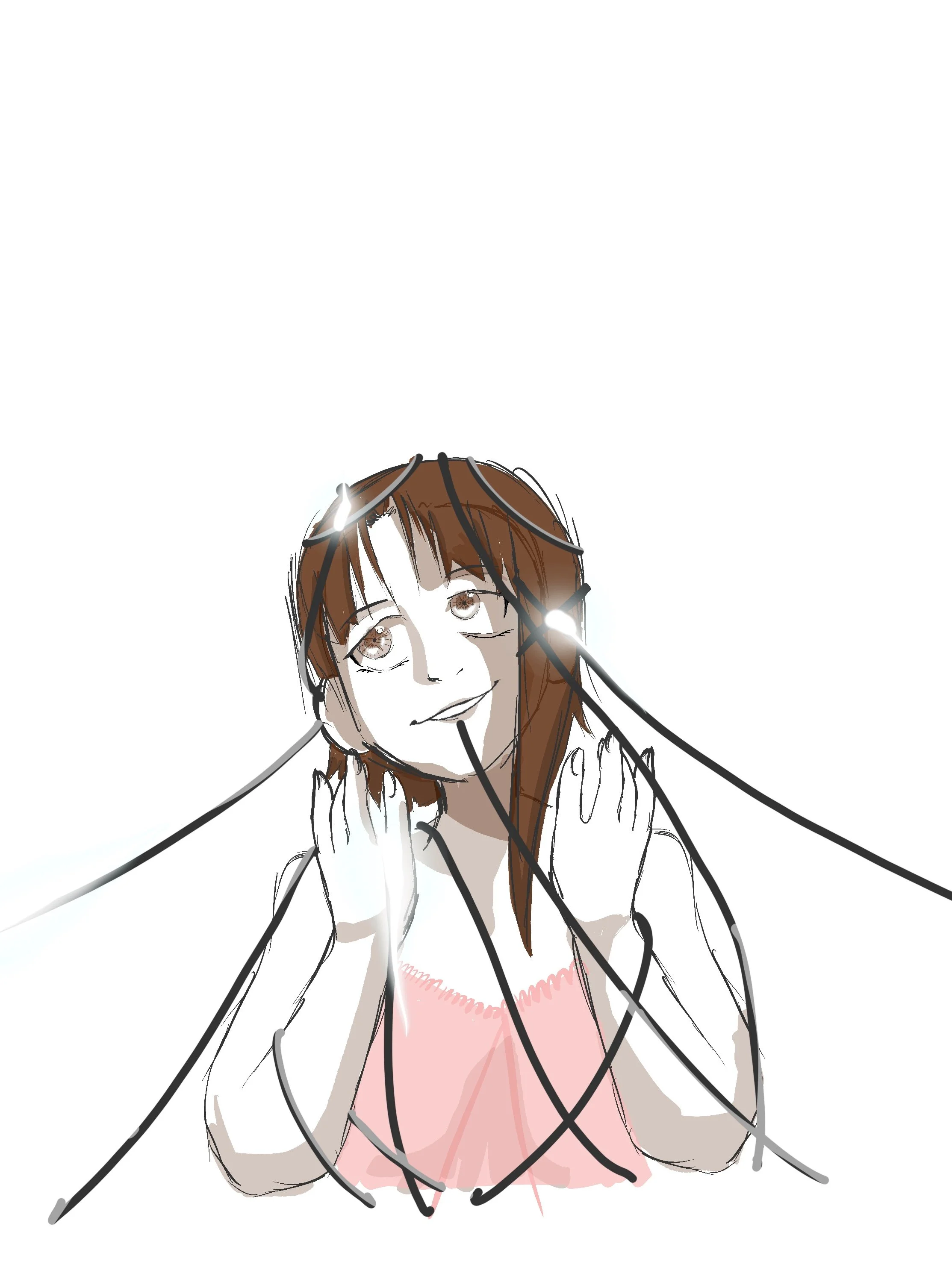 Drawing of a girl with long hair, lattice fencing, wearing a pink dress, smiling gently and touching her face with both hands.