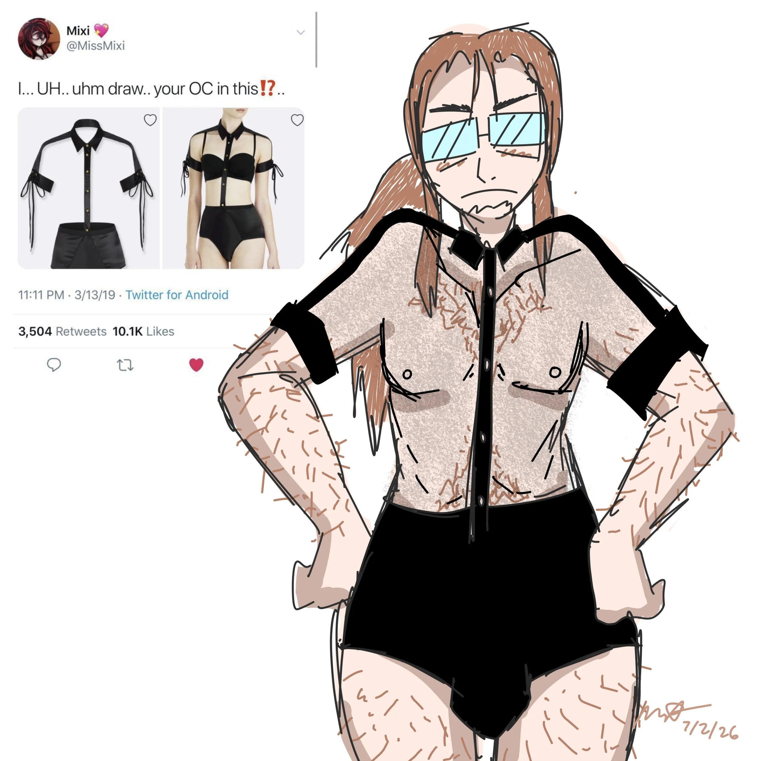 A digital illustration of a female character with long brown hair, wearing sunglasses, a beige short-sleeved jacket, and black shorts. The character has a determined expression, with arms crossed. In the background, there is a screenshot of a tweet f