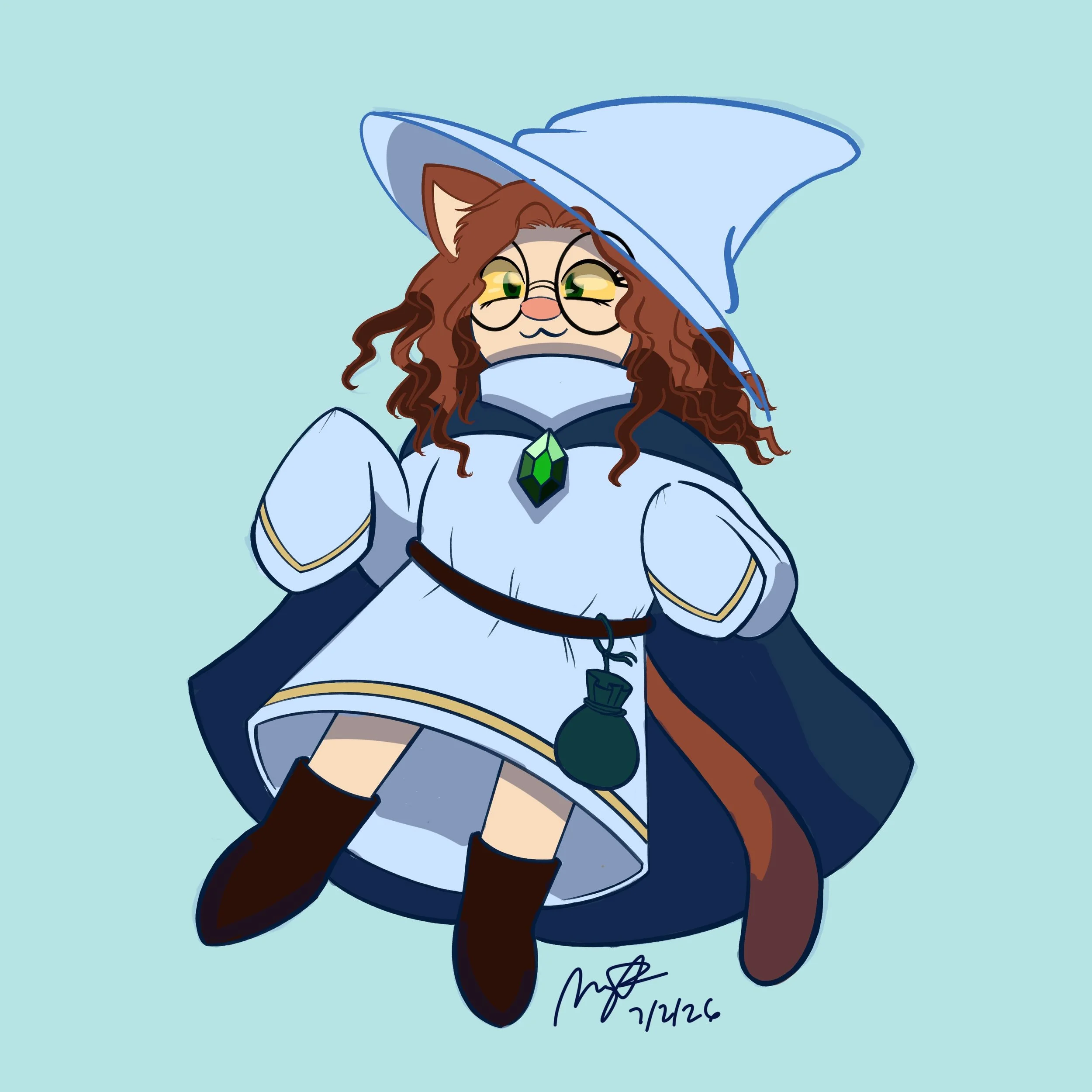 Drawing of a character with brown curly hair, glasses, a blue outfit, and a large blue witch hat with a light blue background.