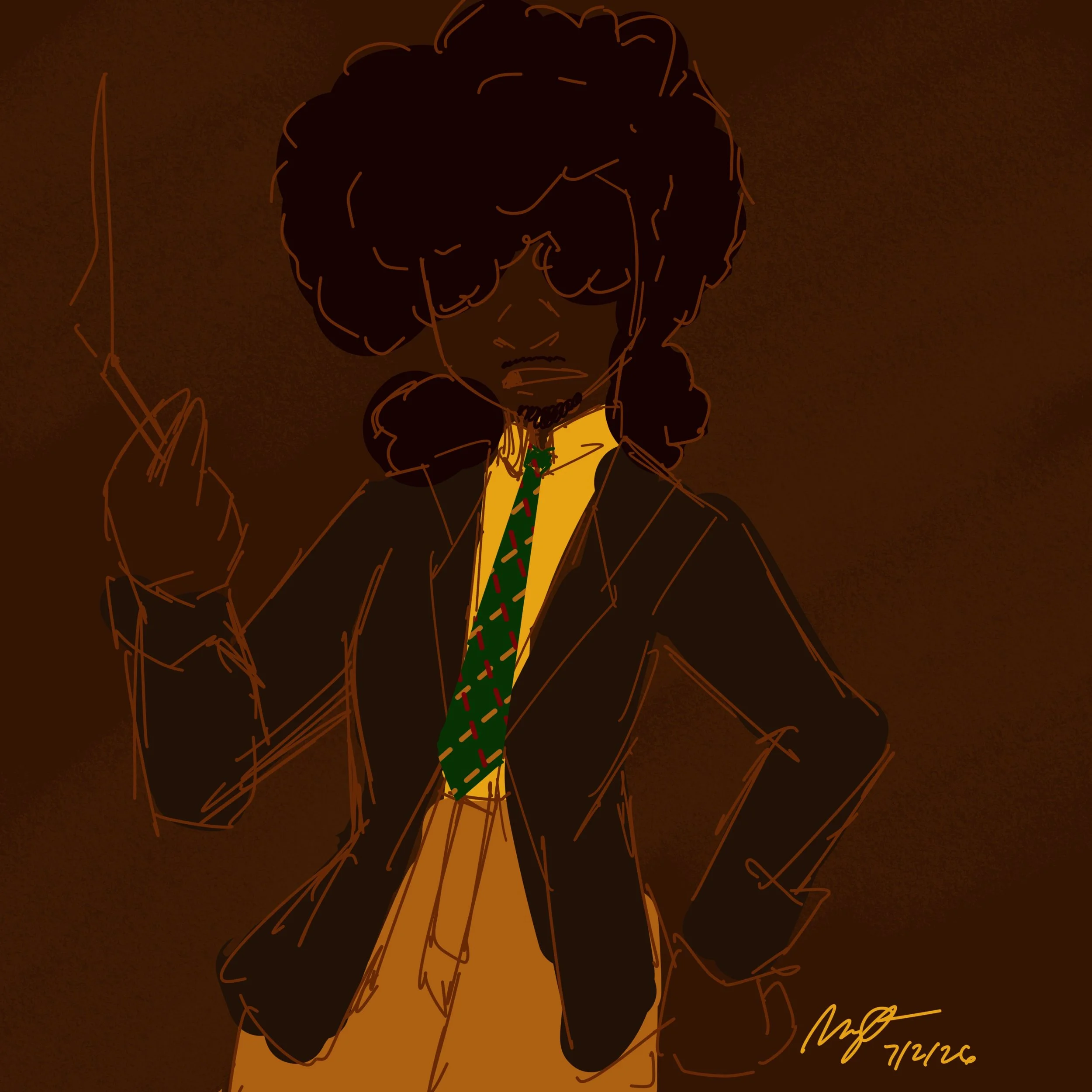 A line drawing of a person with curly hair, wearing a jacket and a yellow shirt with a Christmas tie, holding a phone to their ear and looking serious. The background is dark brown with orange lines.