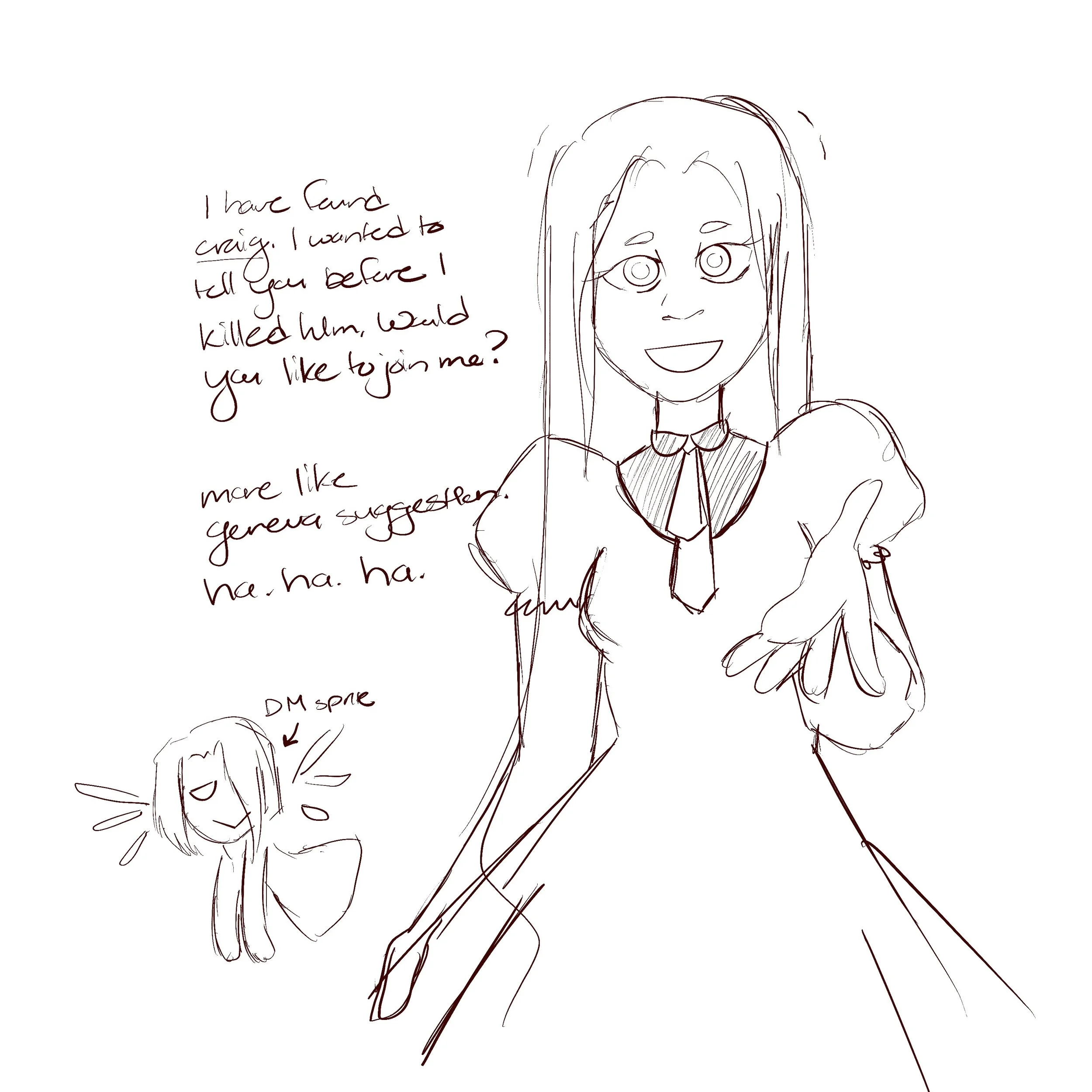 Line drawing of a girl with long hair, smiling, with handwritten notes around her, including a question about killing someone and a smaller sketch of another girl with short hair.