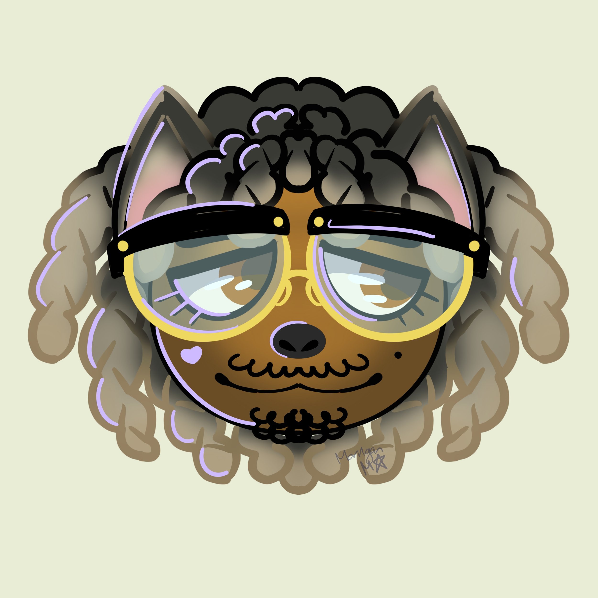 A digital drawing of a person wearing a mask and sunglasses, with dark curly hair, beige hands, and a light background.