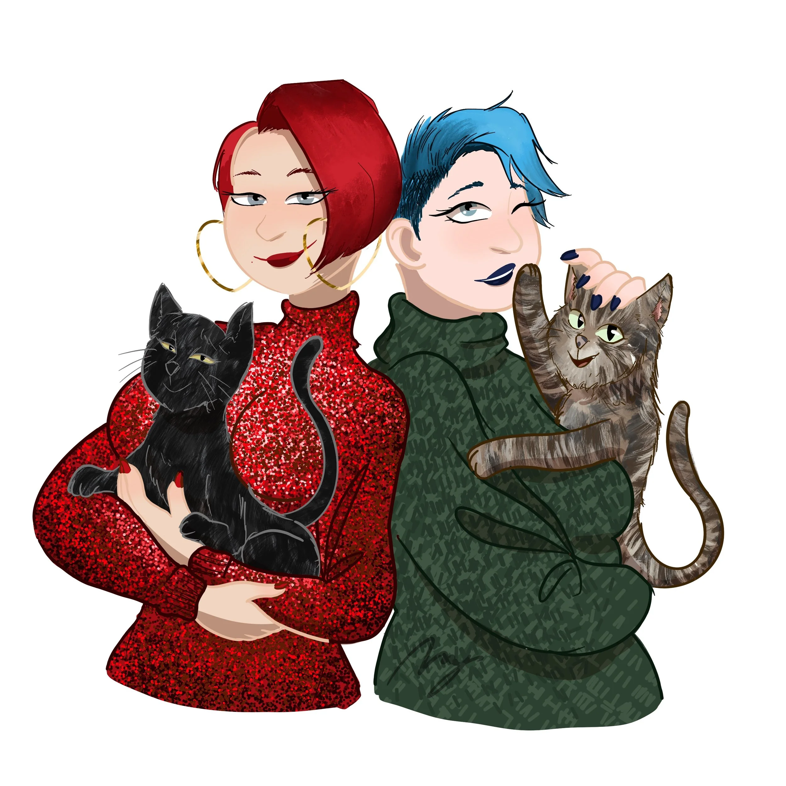 Two animated women with cat, one with red hair and red dress, the other with blue hair and green jacket, holding cats.