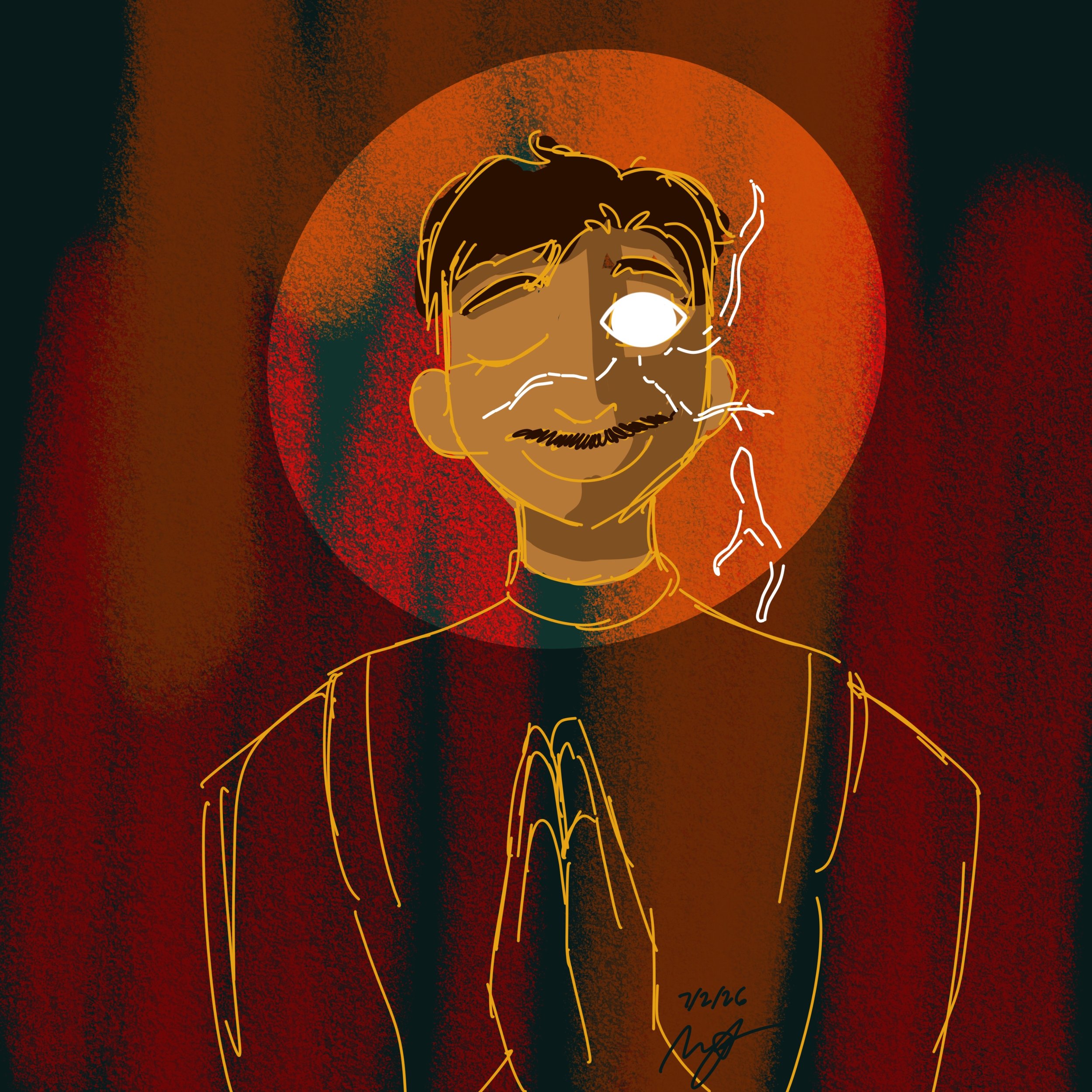 Digital illustration of a smiling man with brown hair, beard, and closed eyes, holding a cigarette or joint near his face, surrounded by red and orange circles.