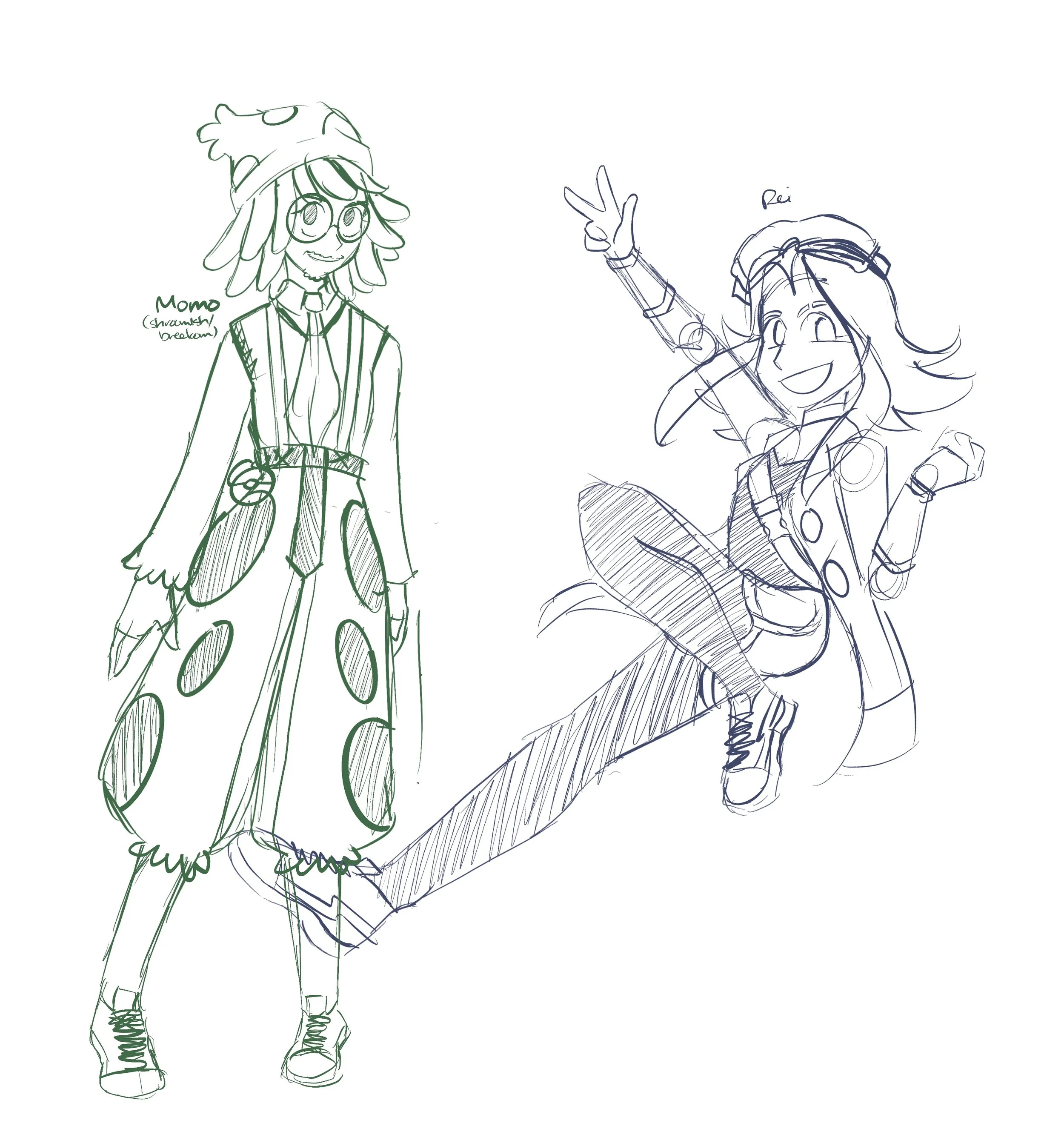 Sketch of two cheerful Pokemon trainer ocs, one standing in a striped suit and hat, the other sitting cross-legged, making a peace sign and labeled as Rei.