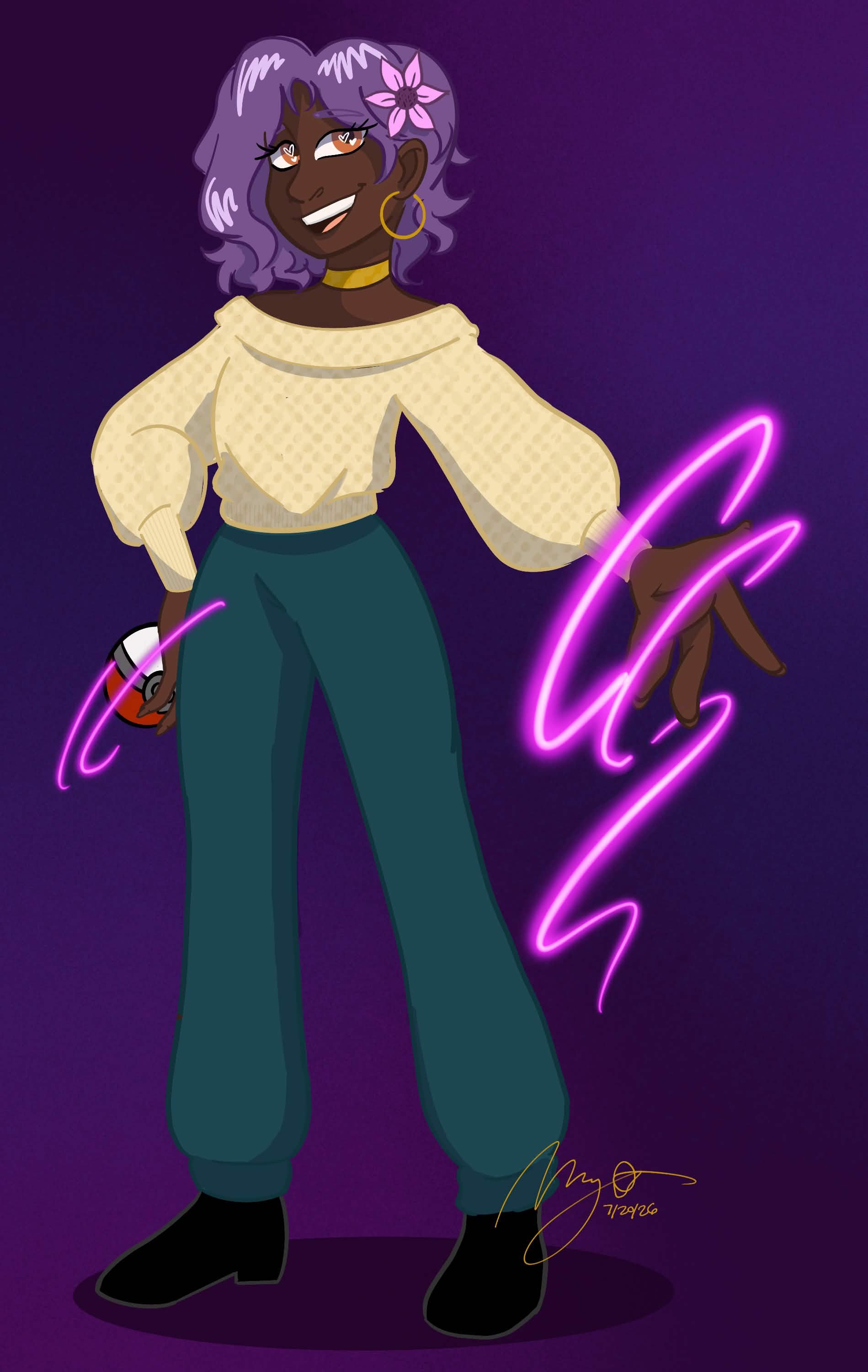 Digital illustration of a smiling woman with purple hair adorned with a pink flower, wearing a cream off-shoulder sweater, teal pants, and black boots, with neon pink lightning effects around her hand and holding a Pokéball.