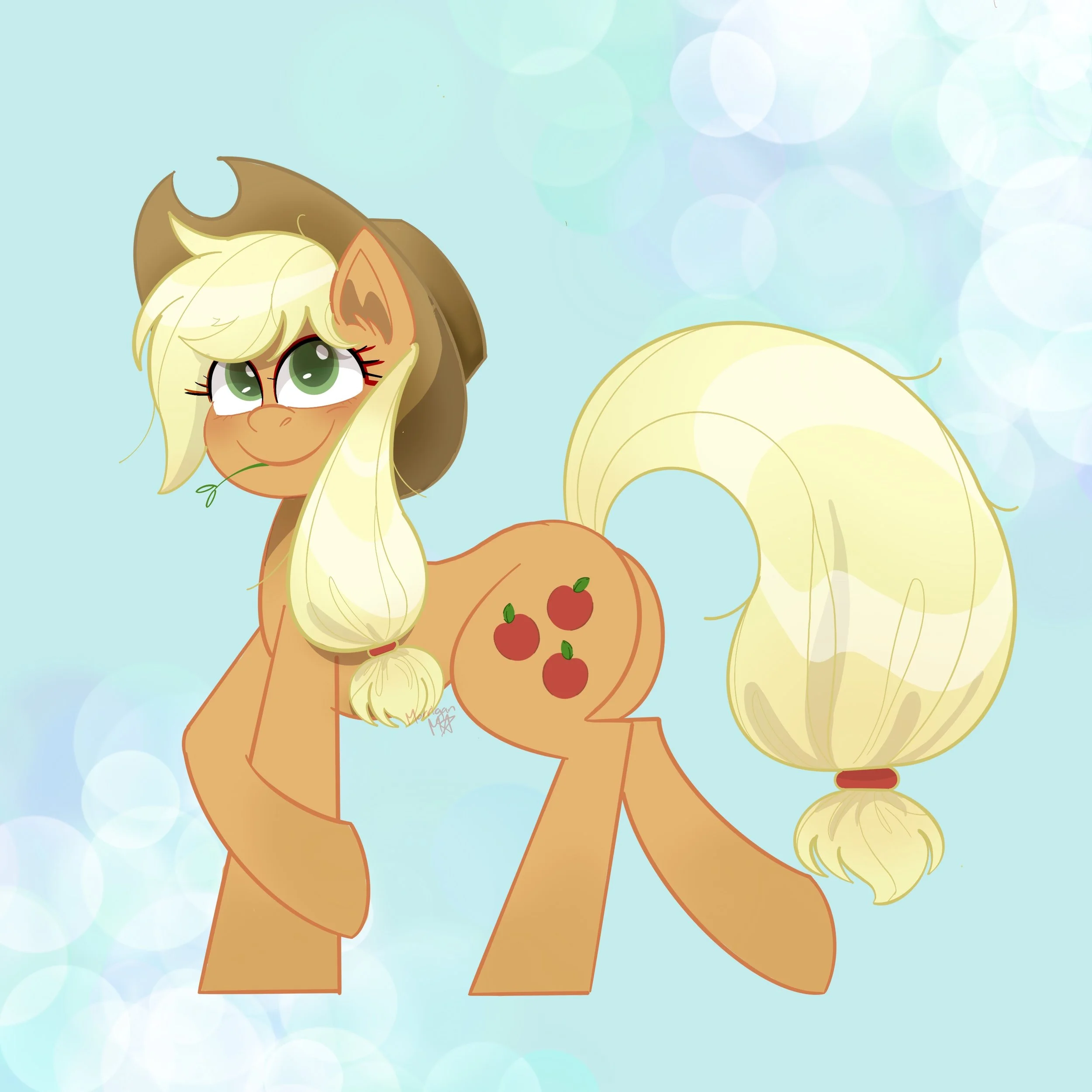 A cartoon drawing of a pony with a yellow mane, orange coat, large green eyes, and a big smile with a small green leaf in her mouth. She is wearing a brown hat and has a cutie mark of three red apples with green leaves on her flank. The background is