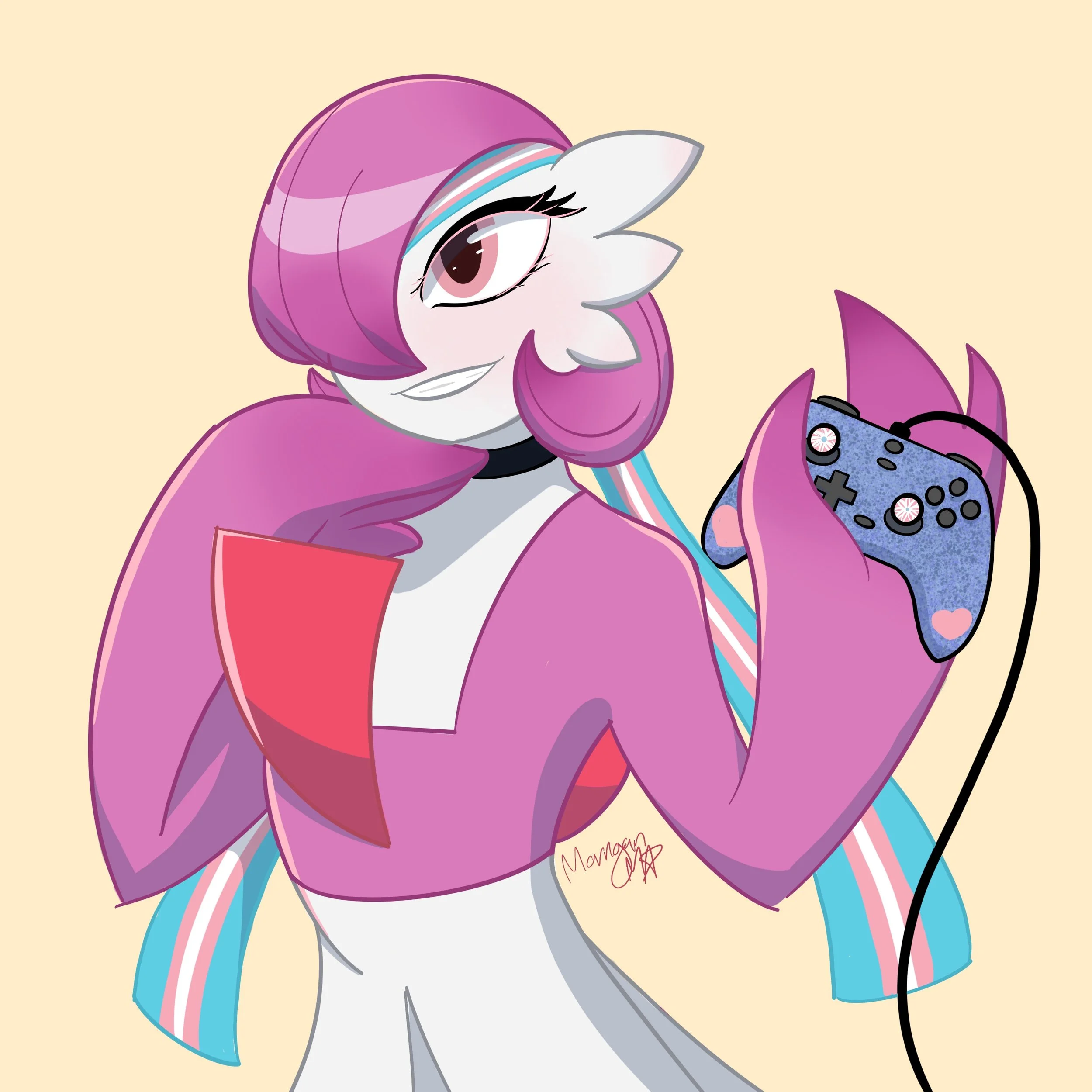 A cartoon pony with a pink mane and tail, white coat, and large pink eyes, holding a gaming controller against a beige background.