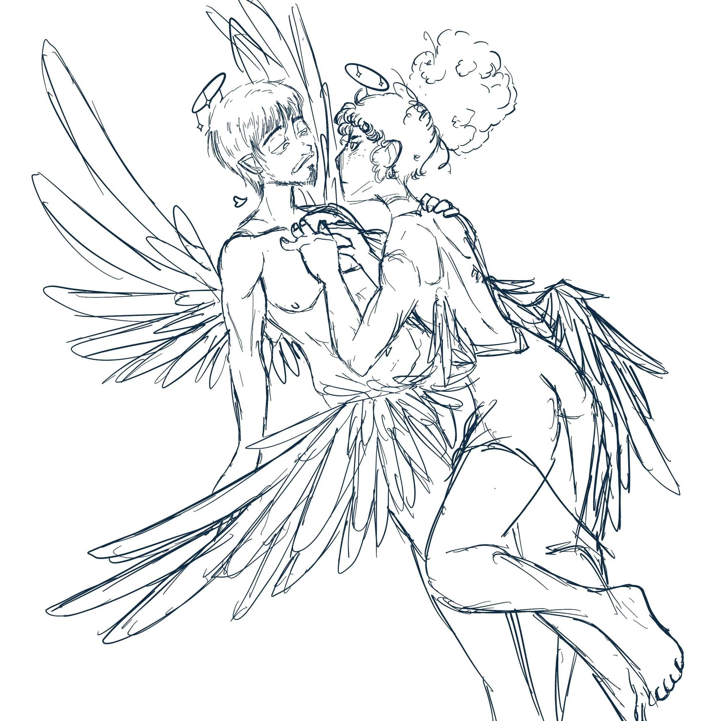 A line drawing of two fairy-like characters with wings, holding and looking at each other closely.