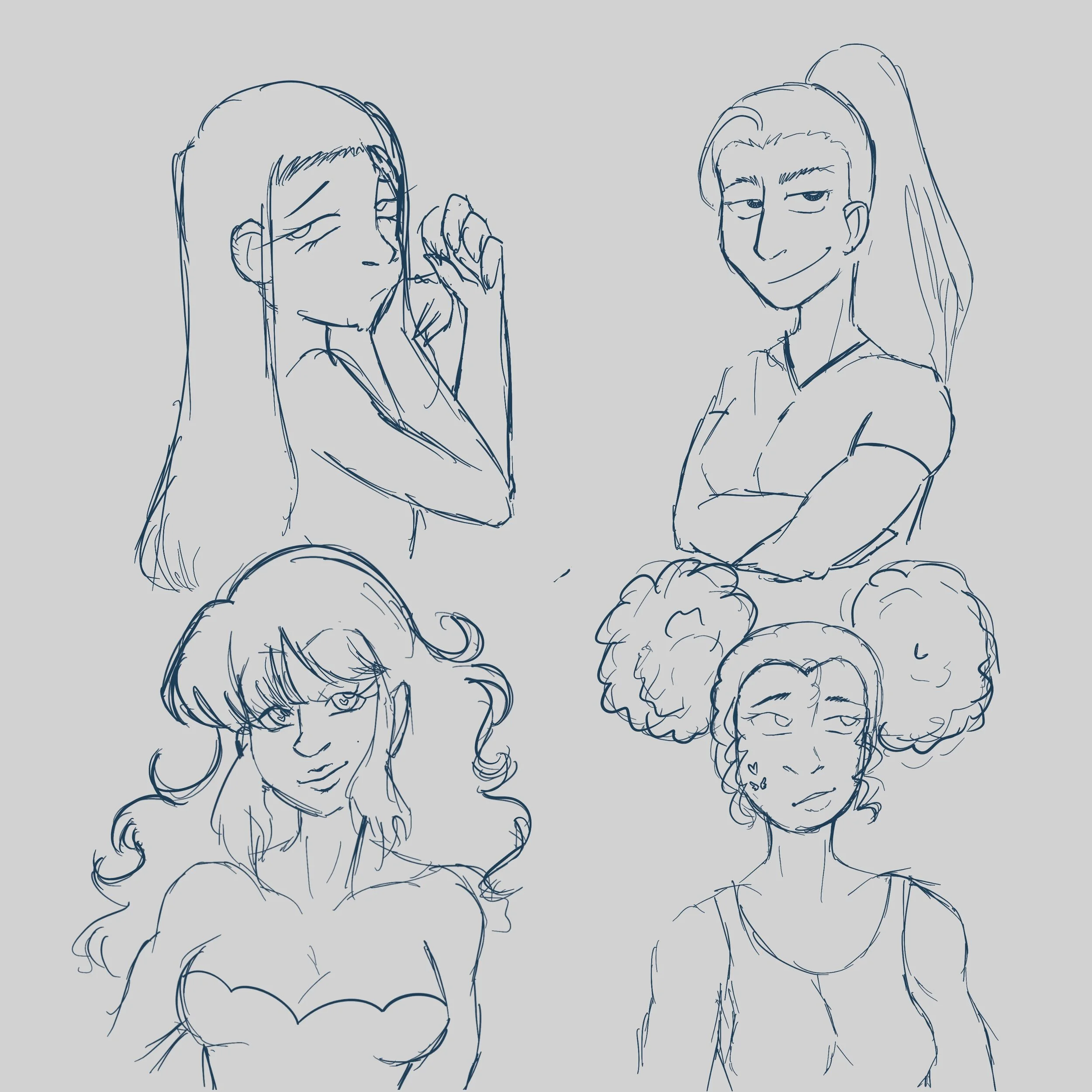 A line drawing of five women, each with unique hairstyles and expressions, in casual clothing. They have varied poses, some with arms crossed, some with hands on faces, suggesting a friendly or contemplative mood.