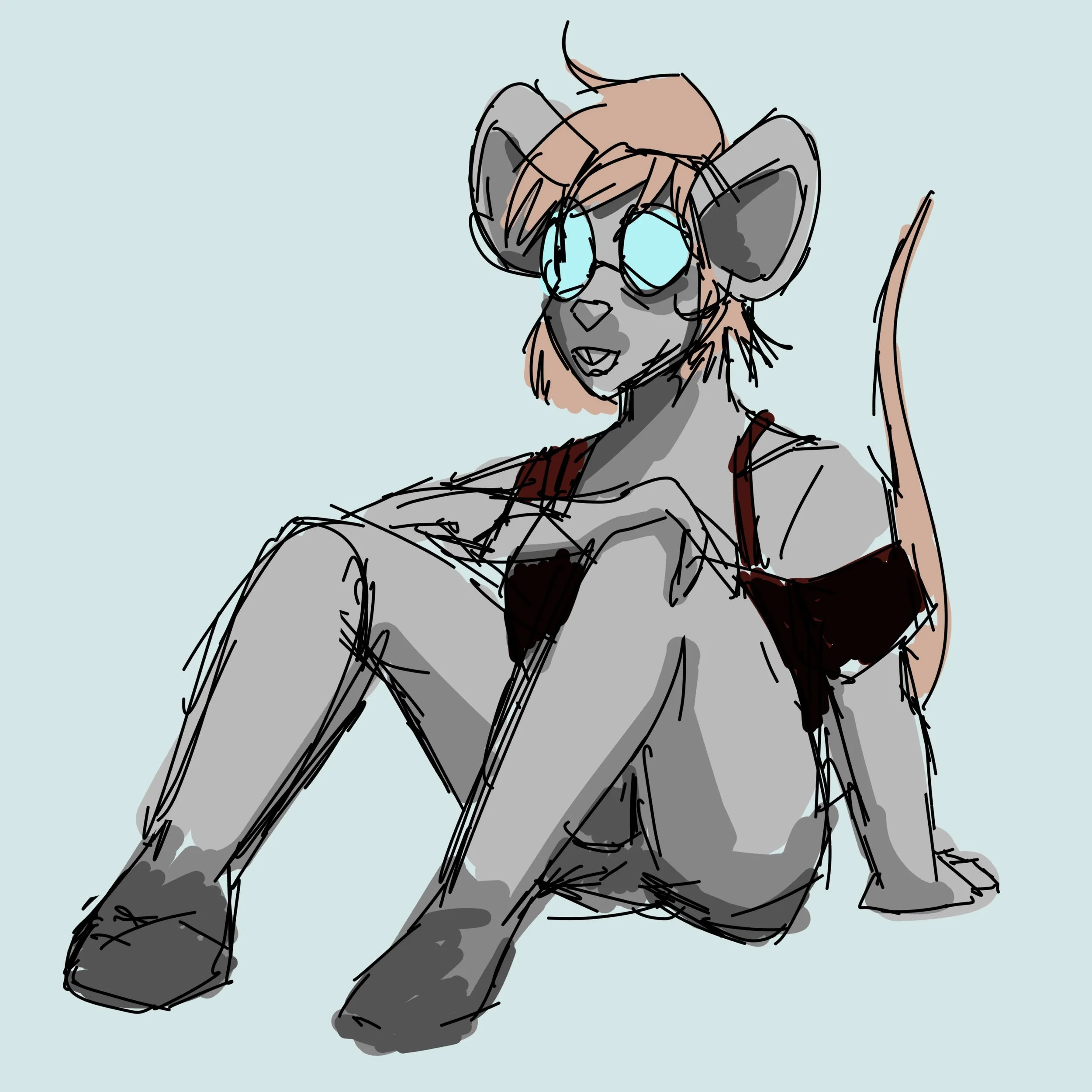A digital sketch of a person sitting with legs crossed, wearing glasses and casual clothing, on a light blue background.