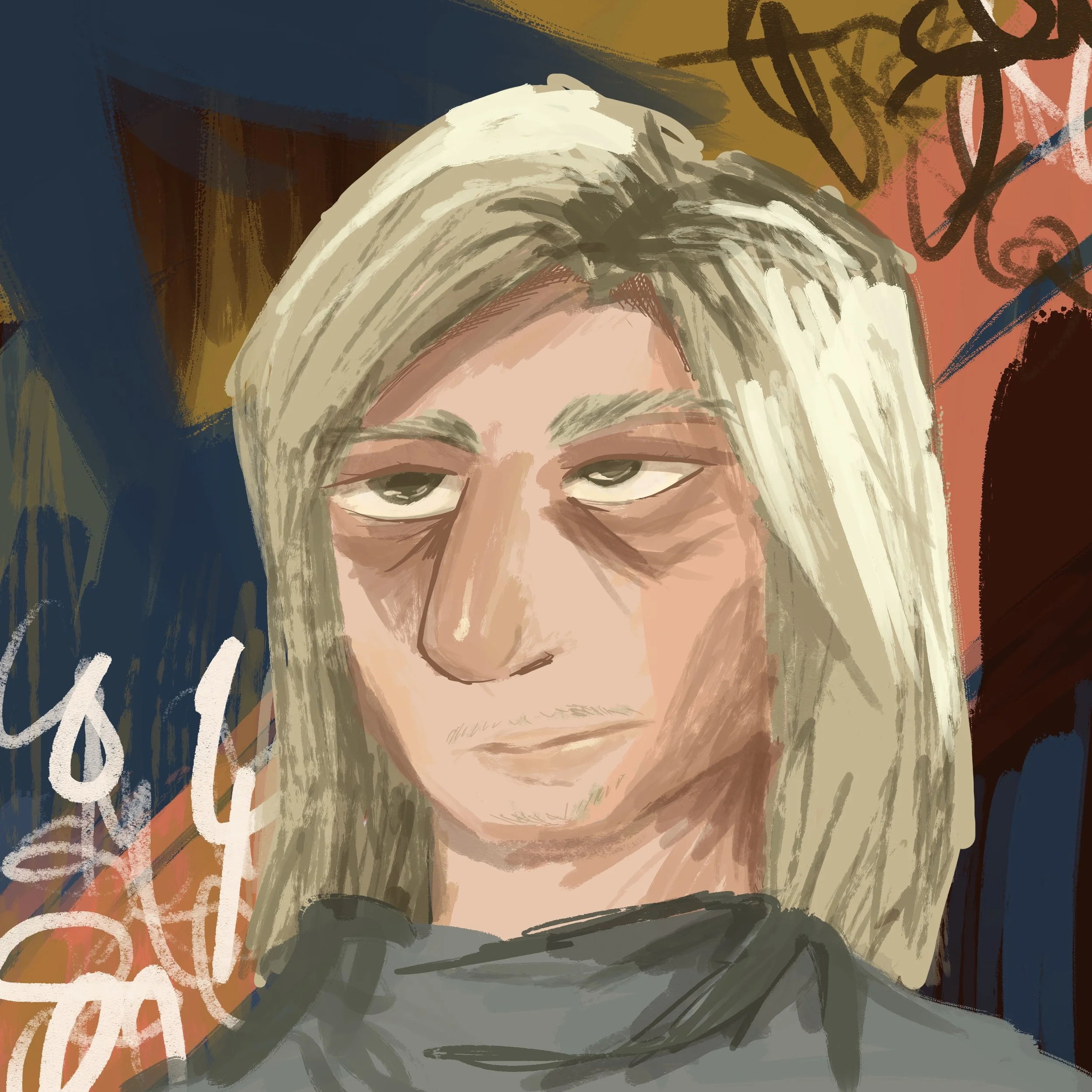 A digital painting or illustration of a person's face with blonde hair, partially obscured by abstract graffiti or street art, featuring various colors including orange, yellow, blue, and black.