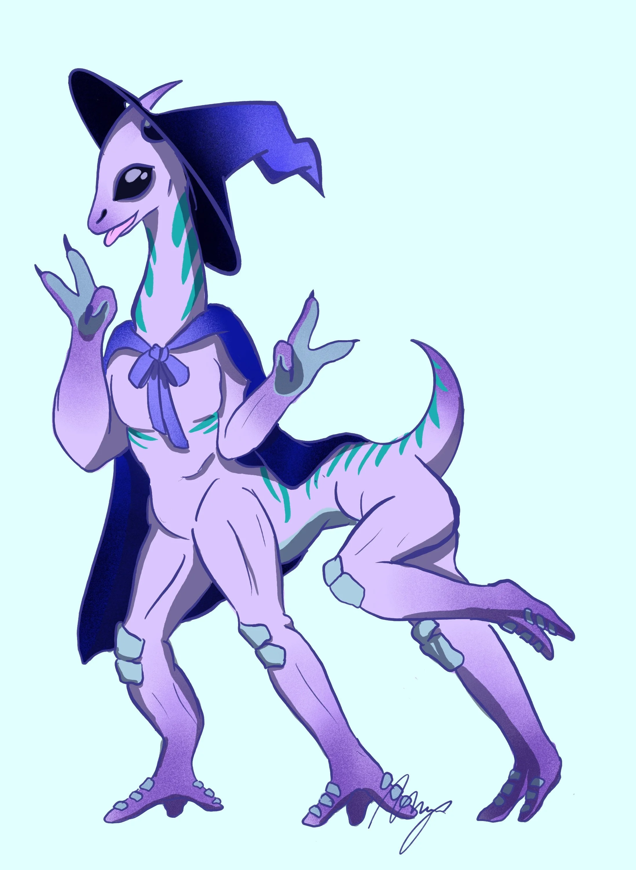A digital illustration of a humanoid dragon creature with purple skin, green accents, large black eyes, wearing a witch's hat and a bow tie, making peace signs with both hands, standing on two legs with a tail, set against a light blue background.