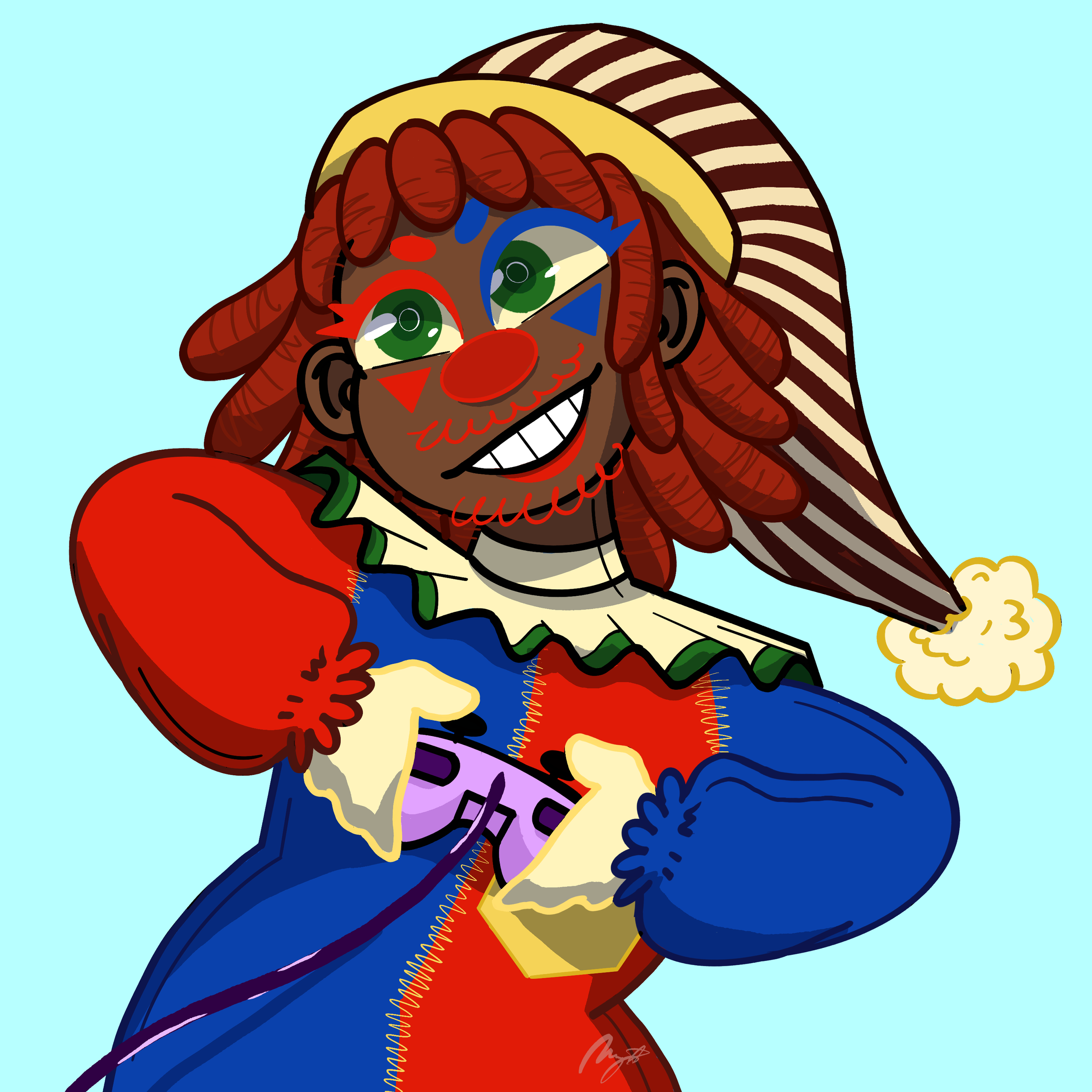 A colorful cartoon of a clown with red hair, green eyes, and a big red nose, smiling and pointing at the viewer, with a striped hat and a red and blue outfit, against a light blue background.